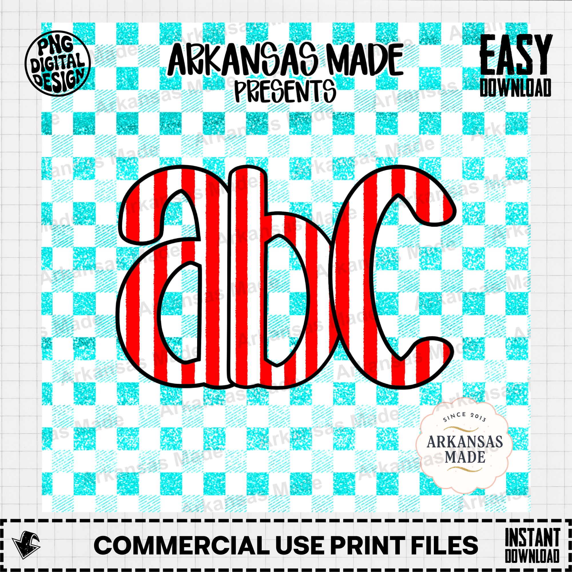 Faux Glitter ABC Digital Download Alpha Set, Red Stripe Alphabet Sublimation PNG, Teal Gingham Letters - Image 2