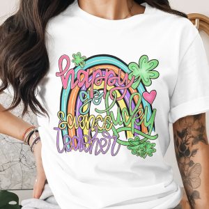 Happy Go Lucky Science Teacher PNG, St Patricks Day Digital Download, Lucky Rainbow Clover Teacher Sublimation Design, DTF Ready Art