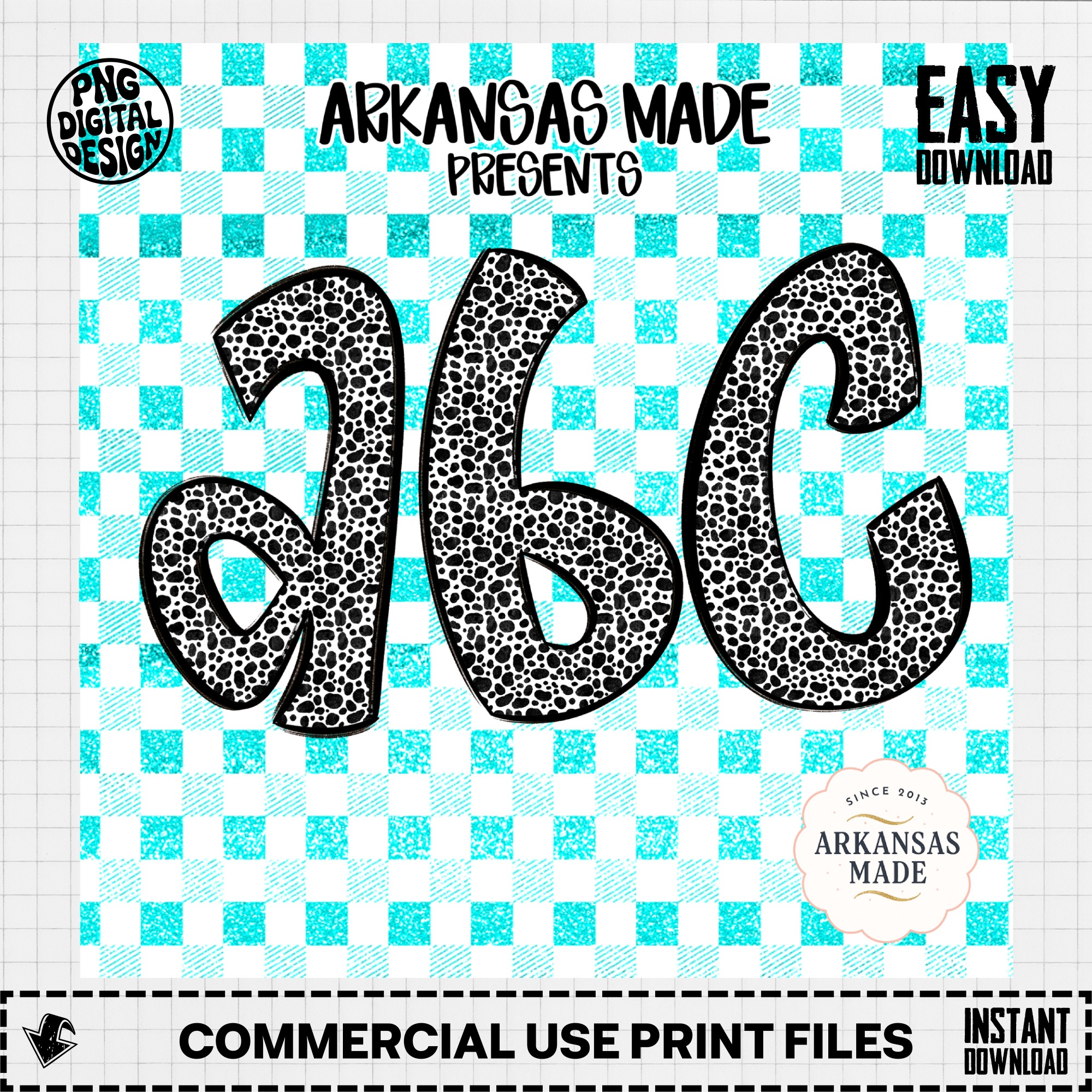 Dalmatian Alphabet Digital, Full A-Z Alpha Sublimation DTF PNGs, Spotty Letters Download, Animal Print Font, Teal Checkered ABCs - Image 3