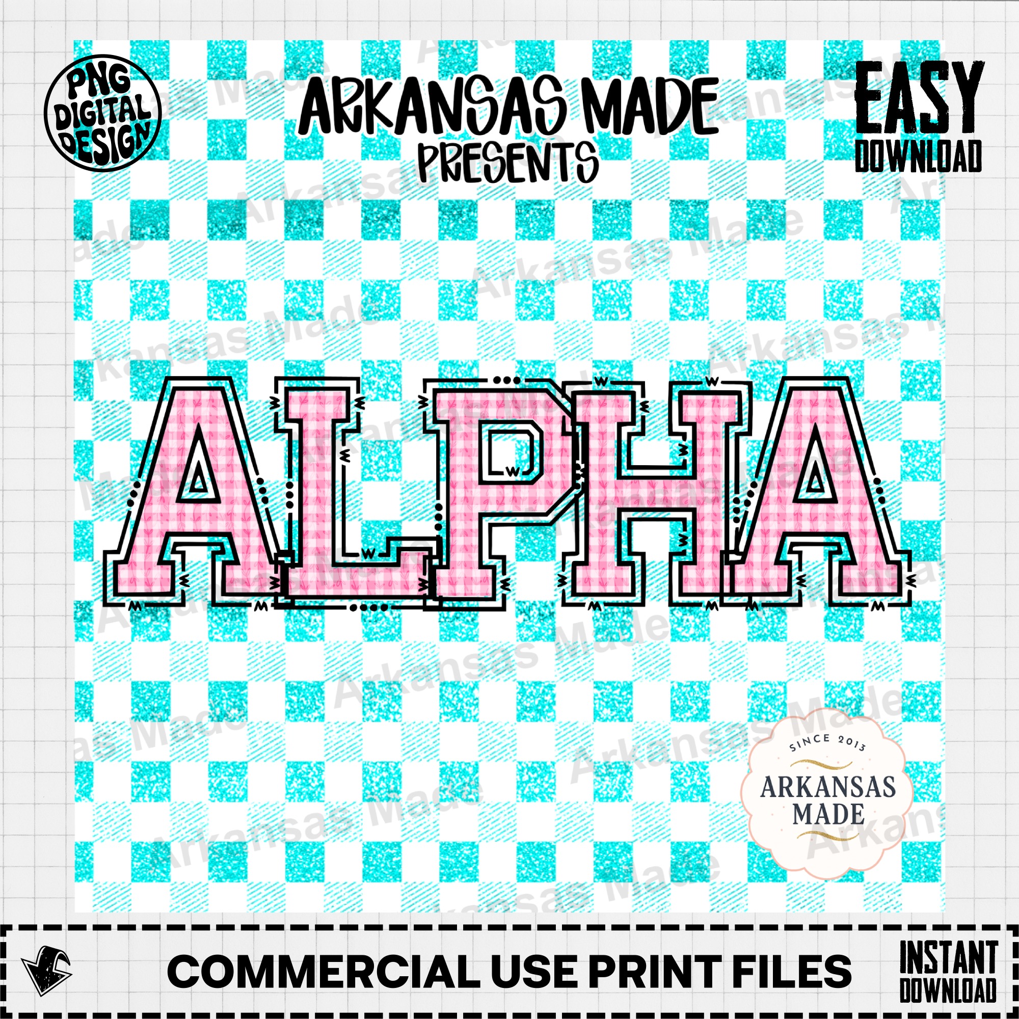 Digital Download Alpha Set | Pink Gingham Collegiate Letters | Varsity Greek Sorority Font | Faux Teal Glitter Pattern PNG | Craft File - Image 2