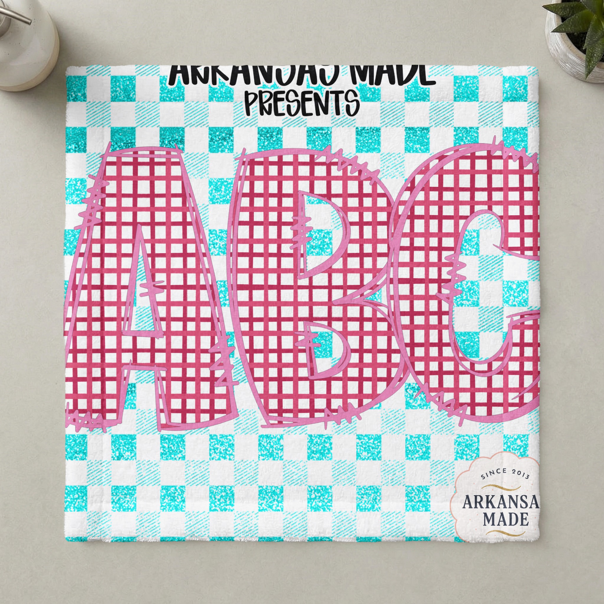 Pink Plaid Alphabet Digital Download, Full A-Z Alpha Sublimation DTF PNGs, Teal Glitter Checkerboard Letters, ABC Font Kit - Image 6