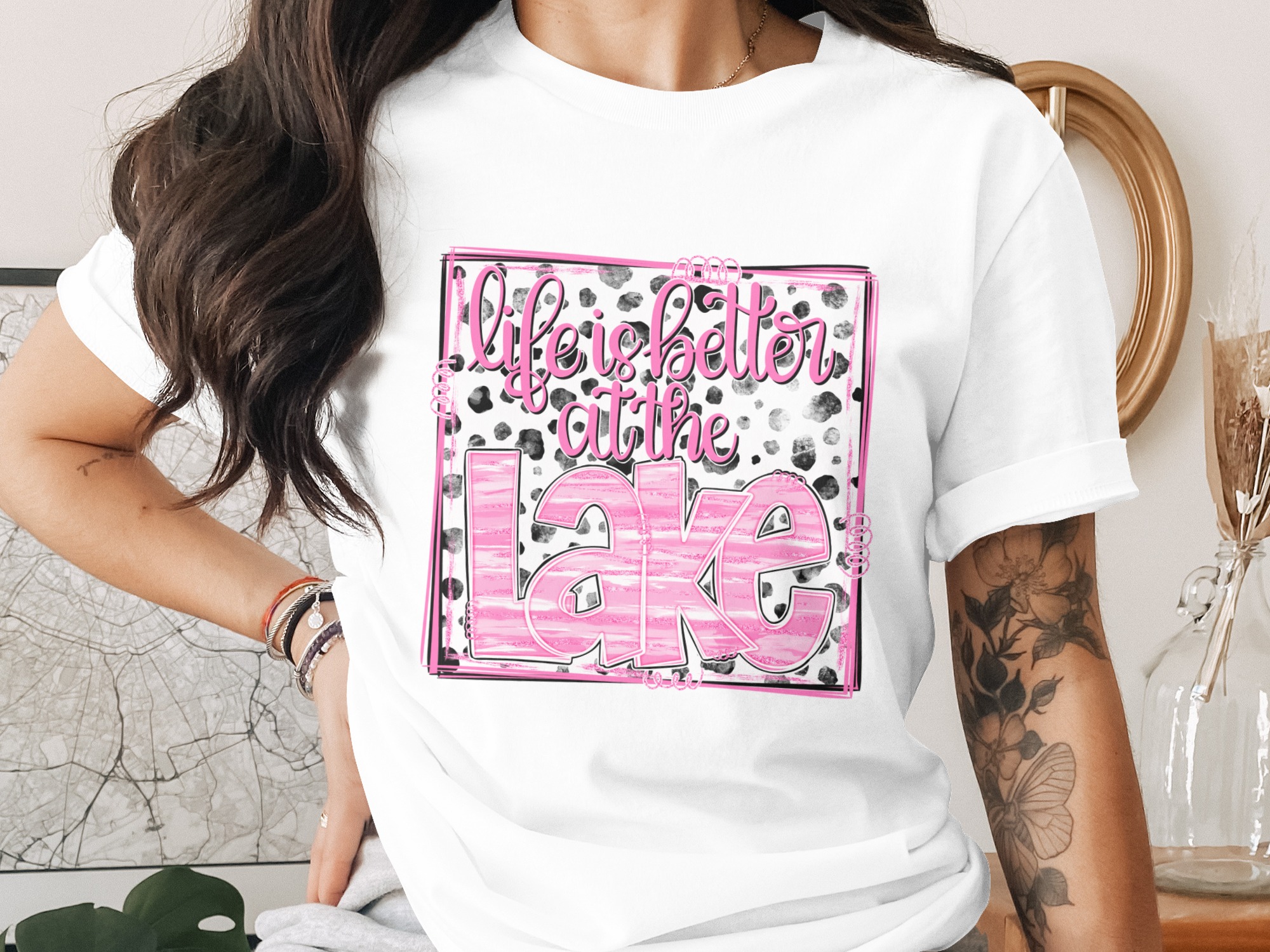 Life is Better at the Lake PNG, Pink Glitter Sublimation, Cow Print DTF Design, Lake Life Quote Digital Download, Summer Vacation Graphic