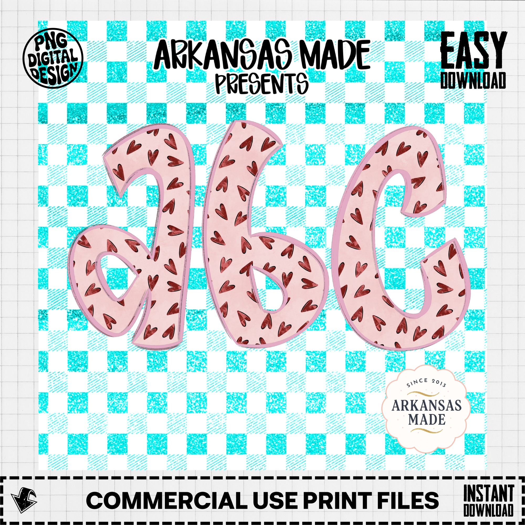 Pink Hearts Aqua Checkered Digital Alphabet PNGs, Full A-Z Alpha Letters, Sublimation DTF Digital Download for Crafts, Valentines, Cute Font - Image 3