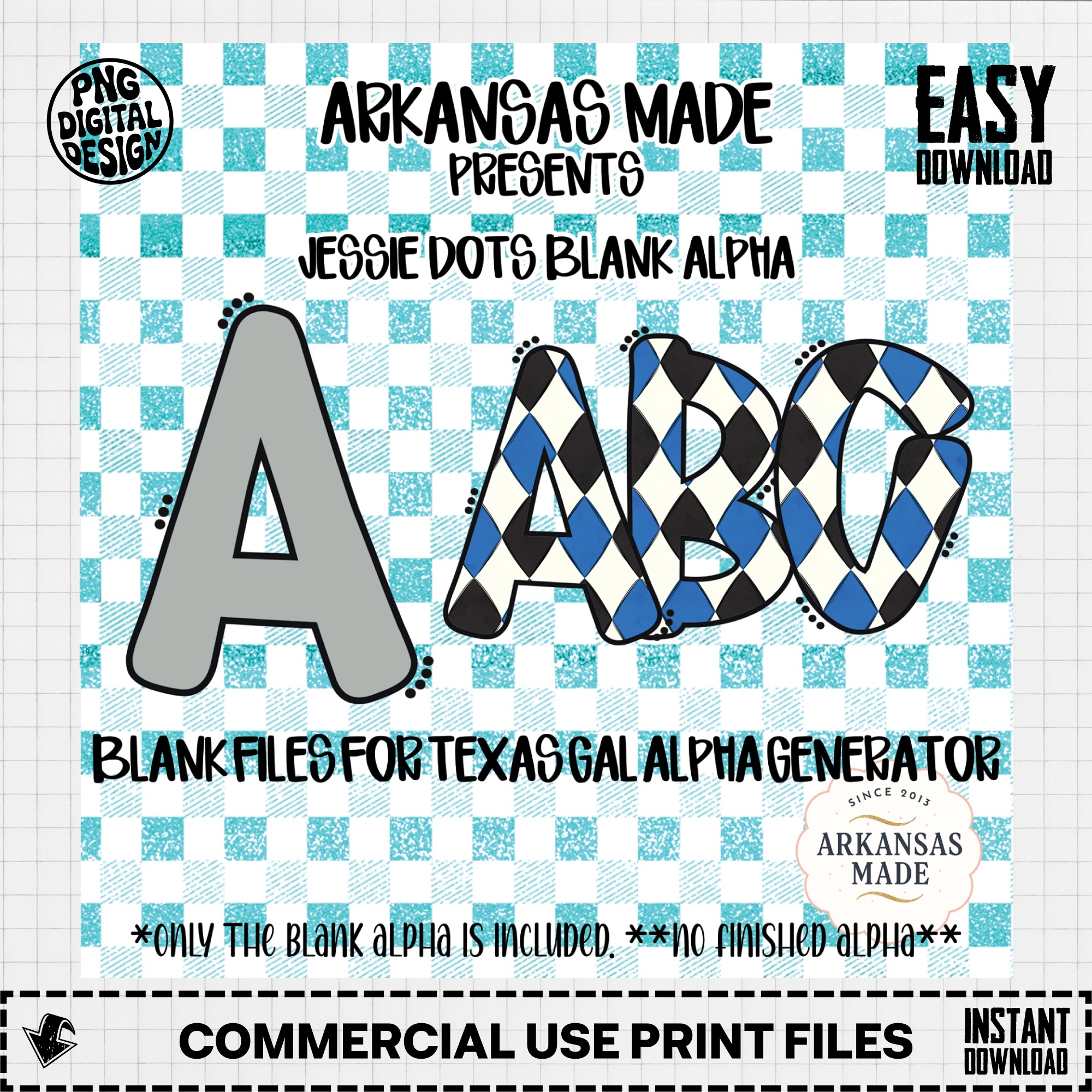 Jessie Dots Blank Alpha Digital Download Sublimation PNG, Texas Gal Alpha Generator Files, Custom Argyle Letters, Teal Gingham Background - Image 2