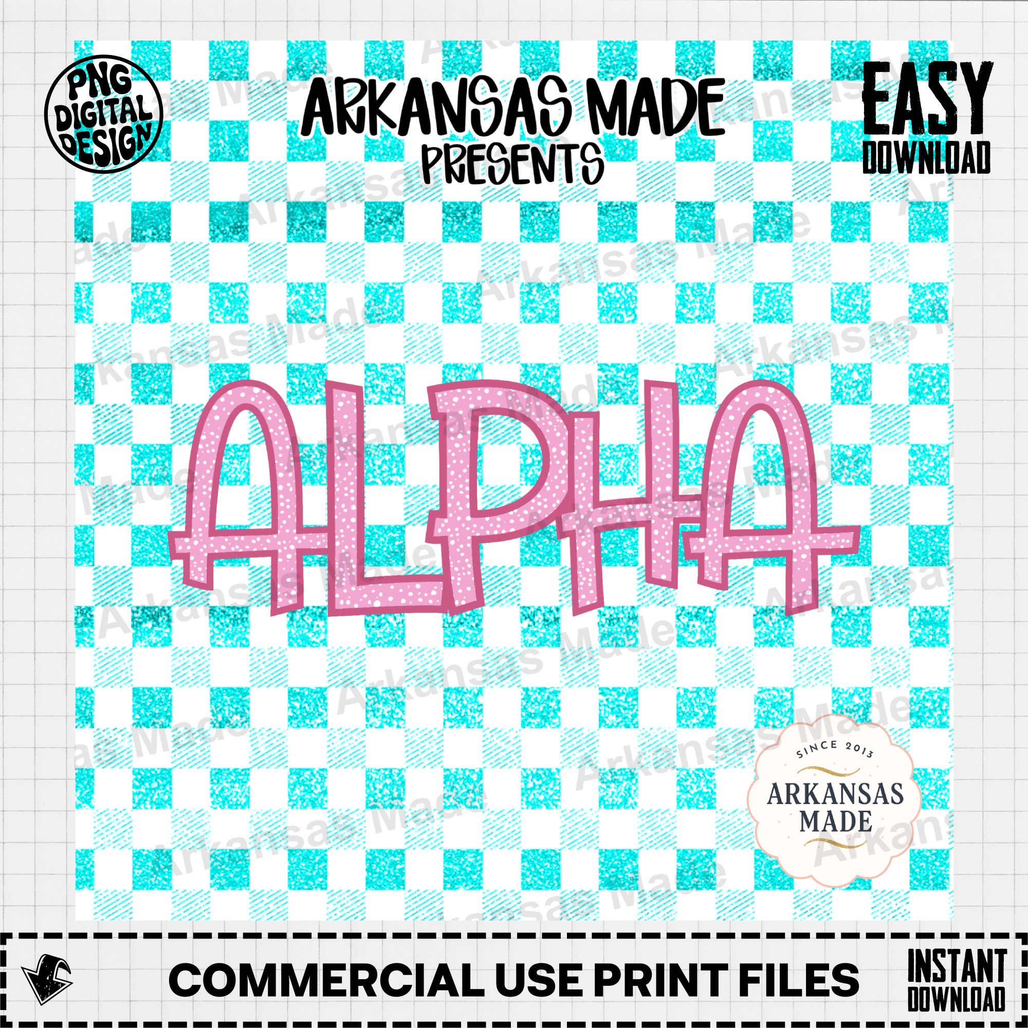 Pink Glitter Alpha Set Digital Download, Teal Checkered Alphabet PNG for Sorority Crafts, Preppy Digital Alpha Set - Image 2