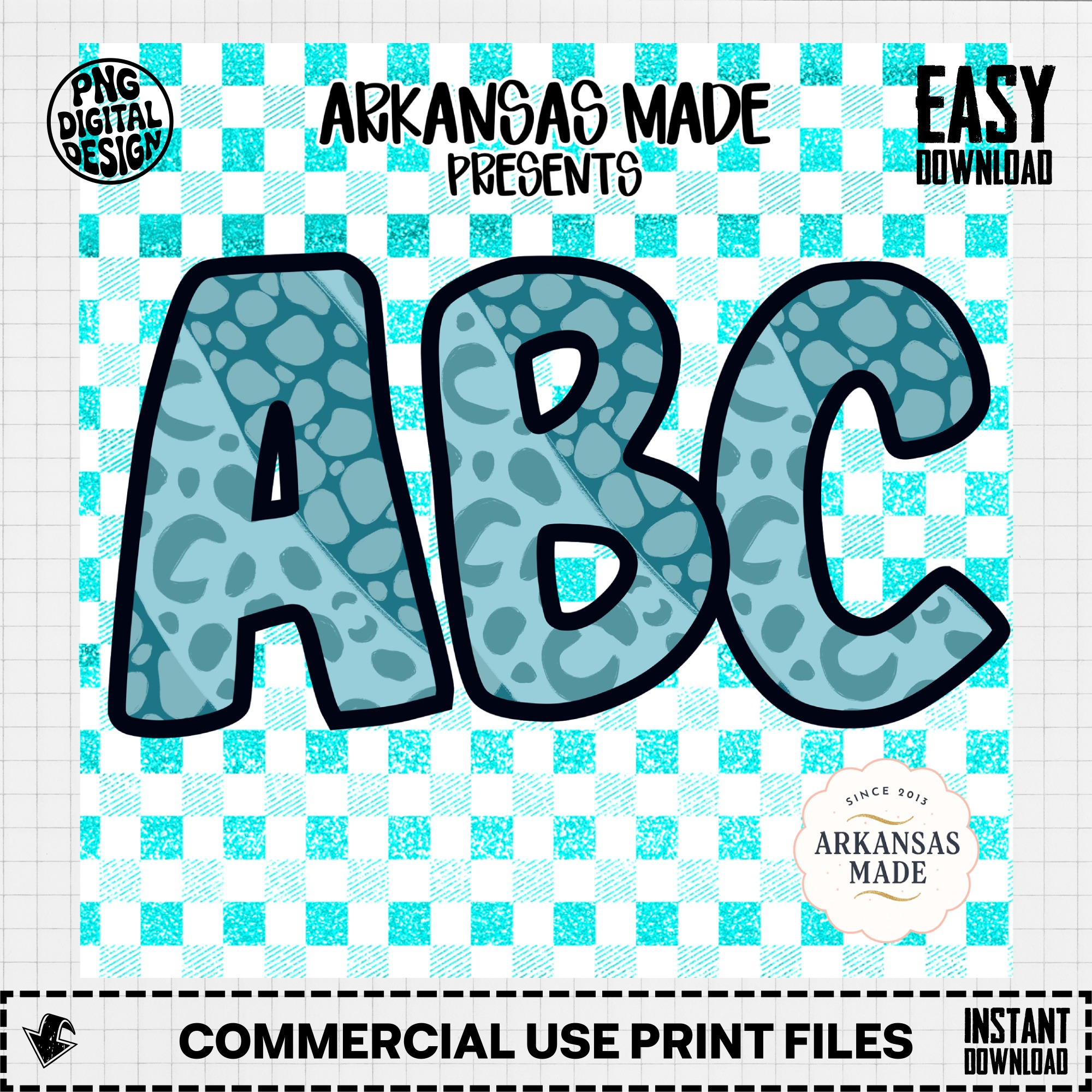 Teal Leopard Spot ABC Alphabet, Full A-Z Digital Download, Sublimation DTF PNGs, Aqua Gingham Checkered Letters - Image 3