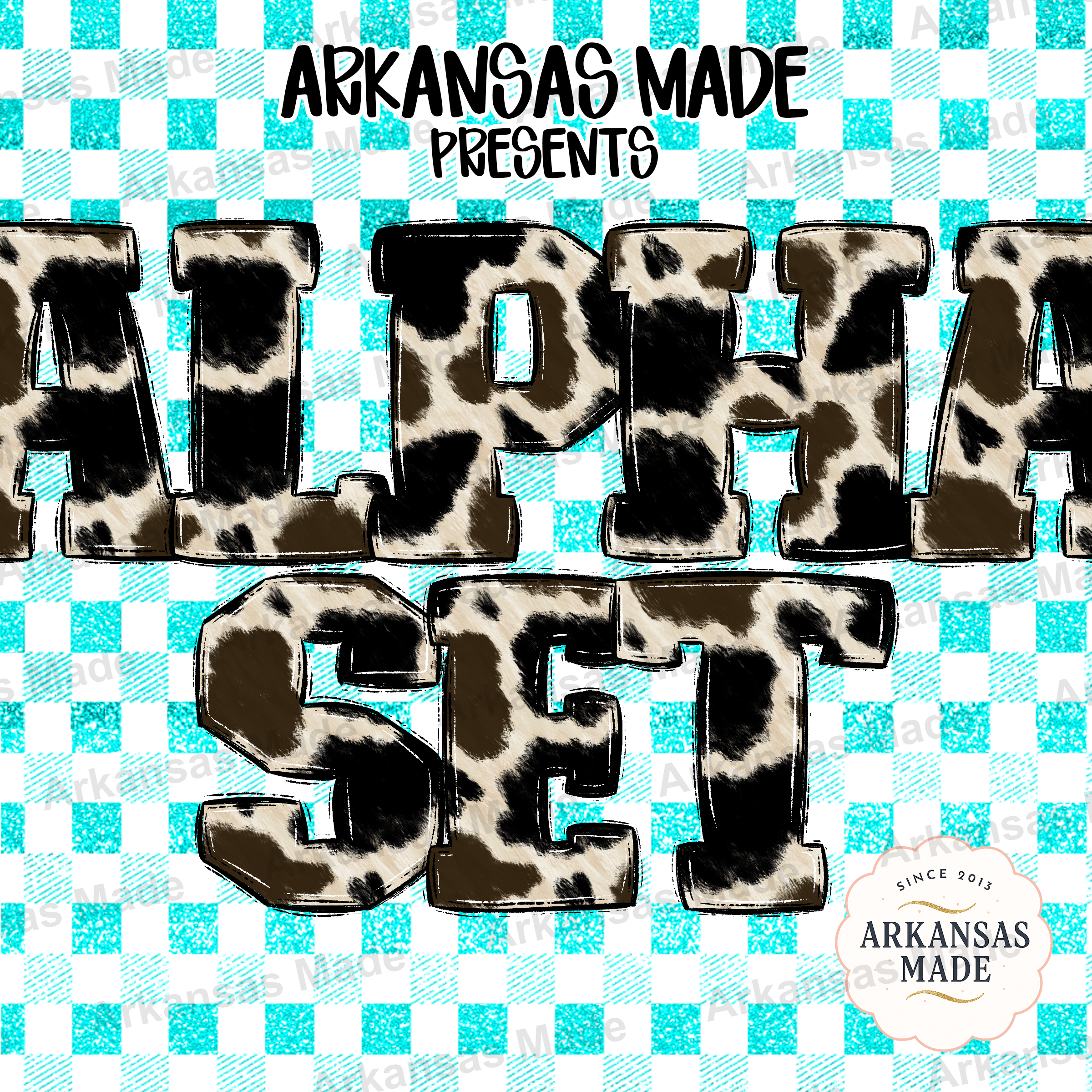 Cow Print Alpha Set Digital Download, Turquoise Glitter Plaid Letters PNG, Western Farmhouse Font, Sublimation Bundle, Craft Letters - Image 4