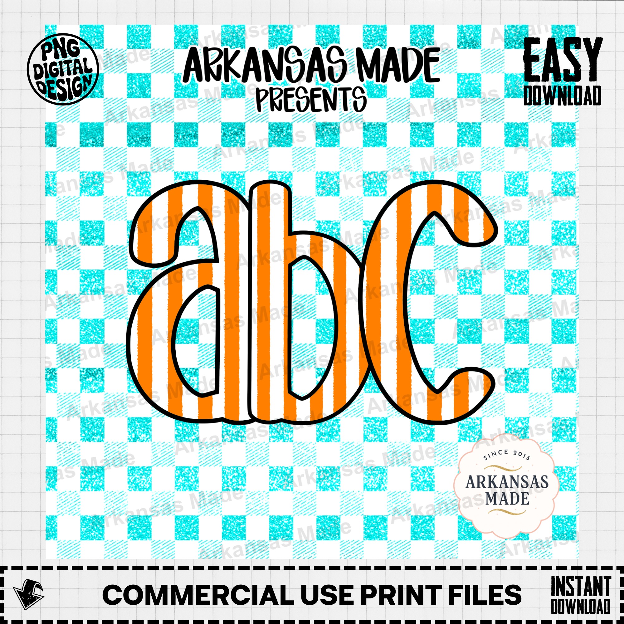 Orange Blue Striped Alpha Set, Faux Glitter Teal Gingham Letters ABC, Digital Download Alpha Set, Teacher Craft Graphic - Image 2