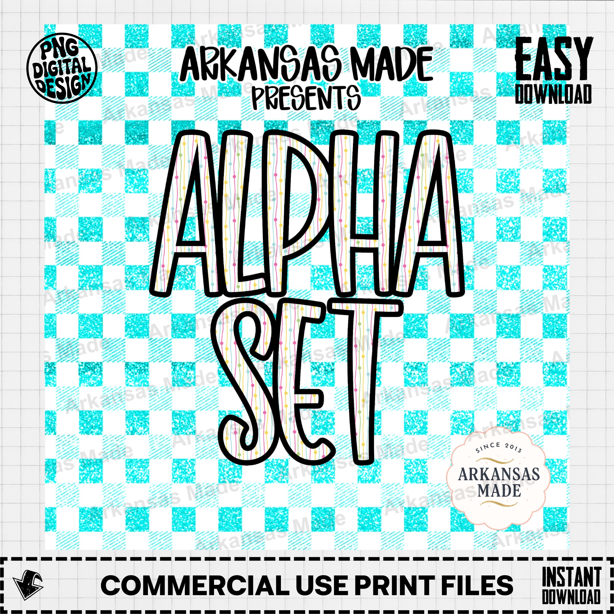 Glitter Aqua Gingham Alpha Set Digital Download | Fun Patterned Alphabet Letters PNG SVG | Craft Supply for Sublimation & DIY - Image 2