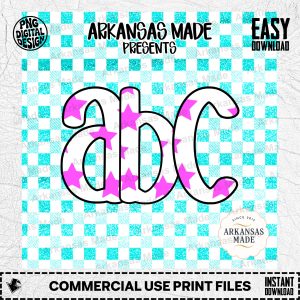 Digital Download Alpha Set: Pink Star Letters, Teal Glitter Gingham Alphabet Font, Preppy ABC PNG SVG for Cricut & Crafts