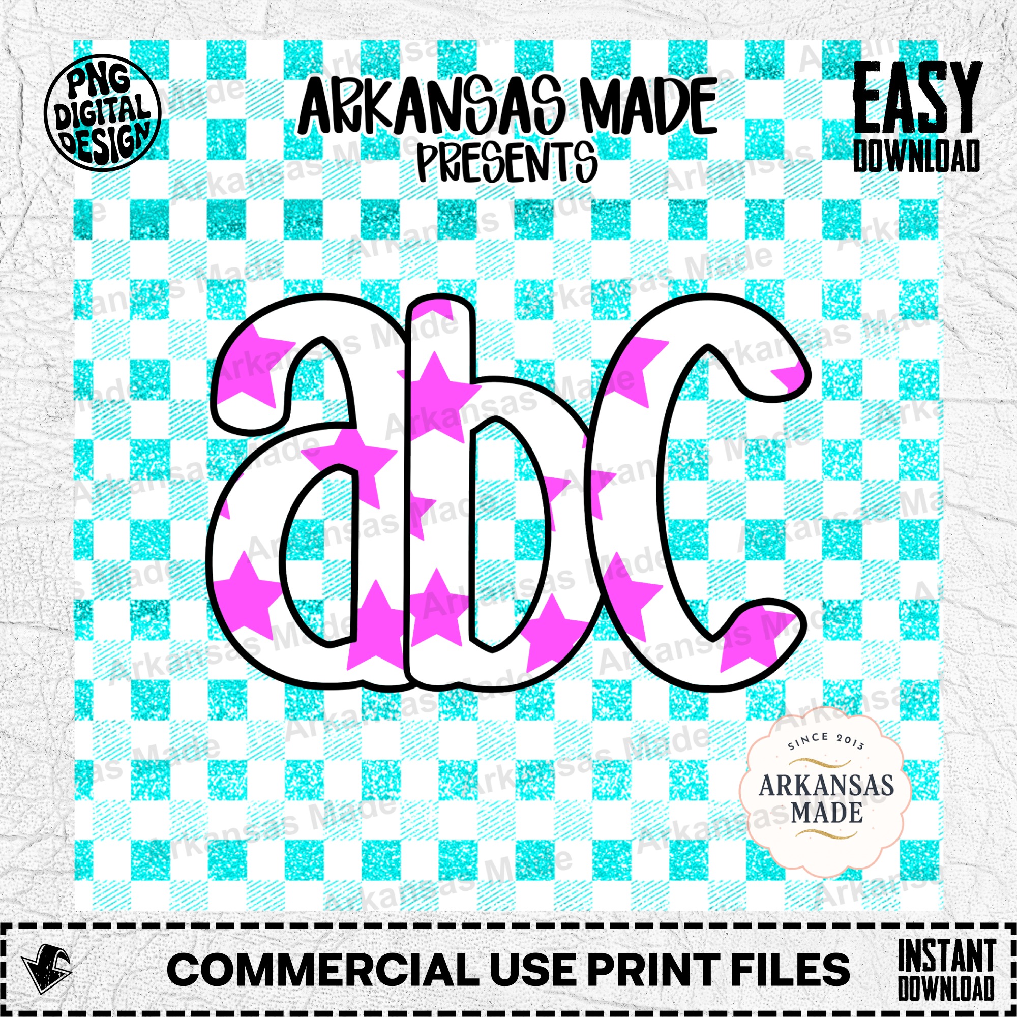 Digital Download Alpha Set: Pink Star Letters, Teal Glitter Gingham Alphabet Font, Preppy ABC PNG SVG for Cricut & Crafts
