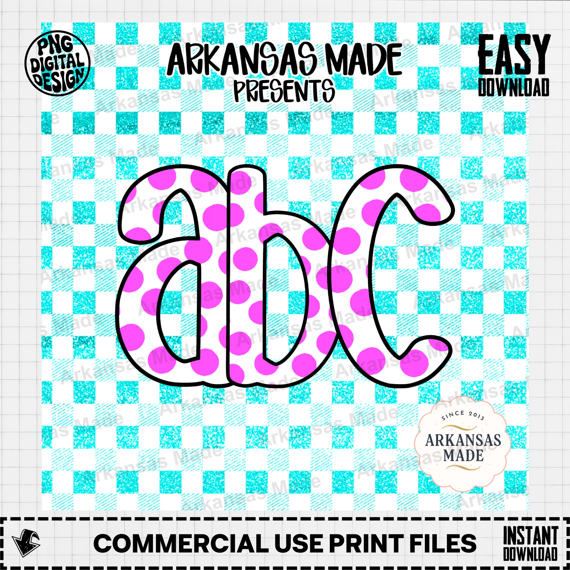 Pink Polka Dot Alphabet PNG Digital Download Alpha Set, Teal Glitter Gingham Letters, ABC Clip Art Bundle for Crafters - Image 2