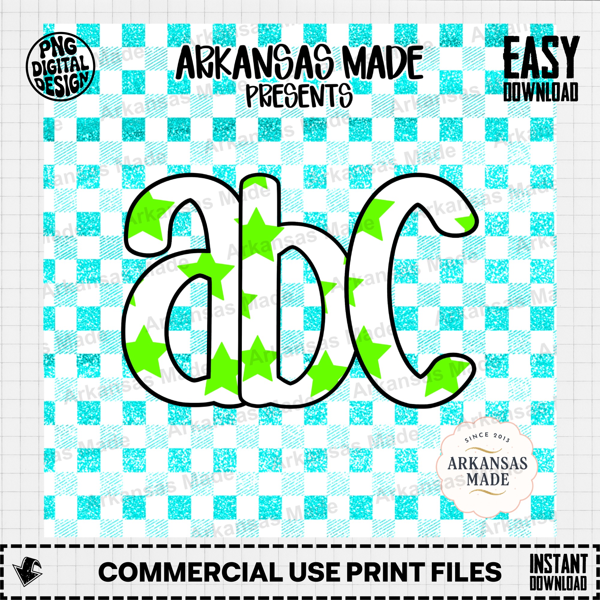 Digital Download Alpha Set, Neon Green Star Letters, Aqua Glitter Gingham Alphabet PNG, Kids Party Decor, Crafting Font, Sublimation - Image 2