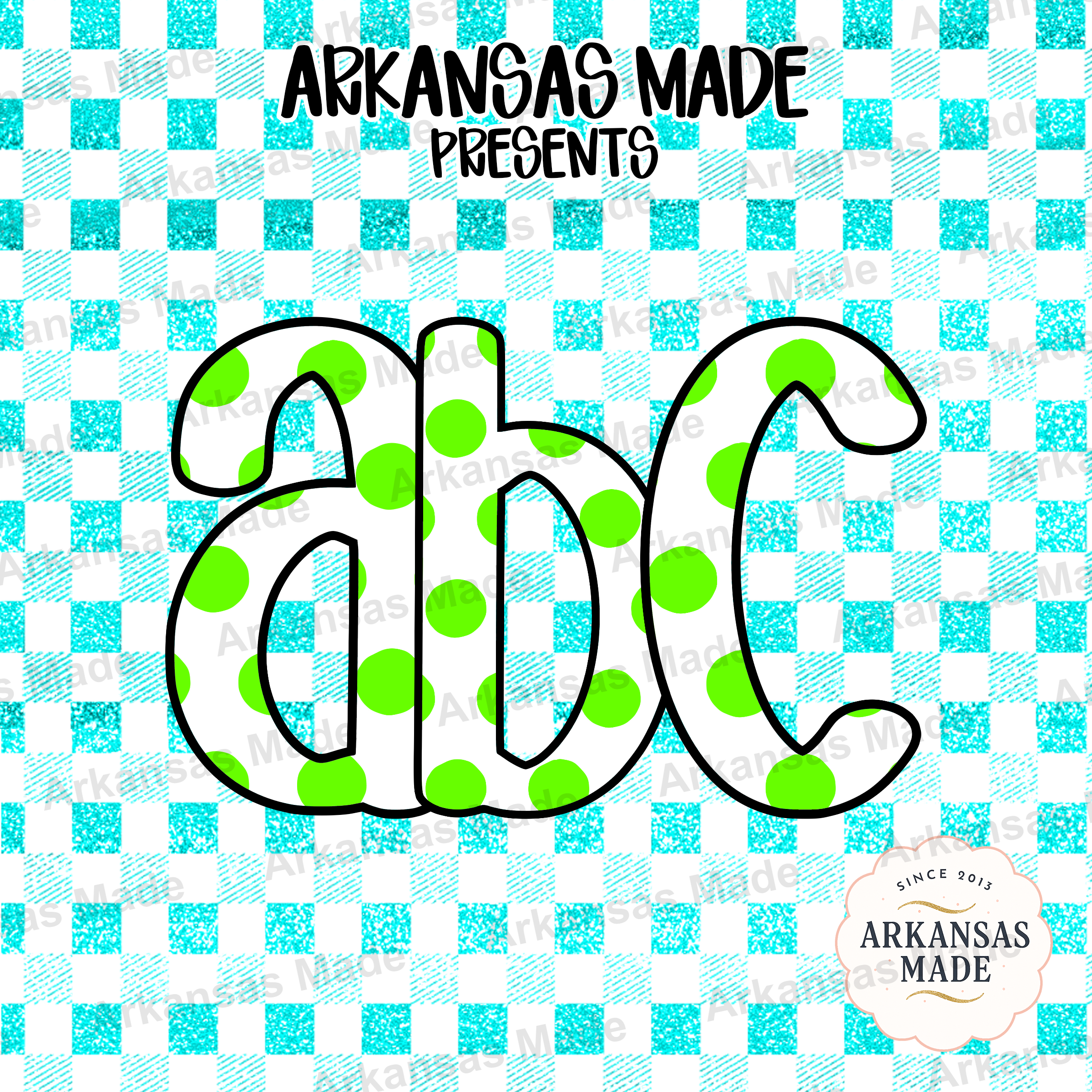 Lime Green Polka Dot ABC Digital Download Alpha Set | Teal Faux Glitter Gingham Letters Numbers Clip Art | Fun Kids Sublimation Ready - Image 4