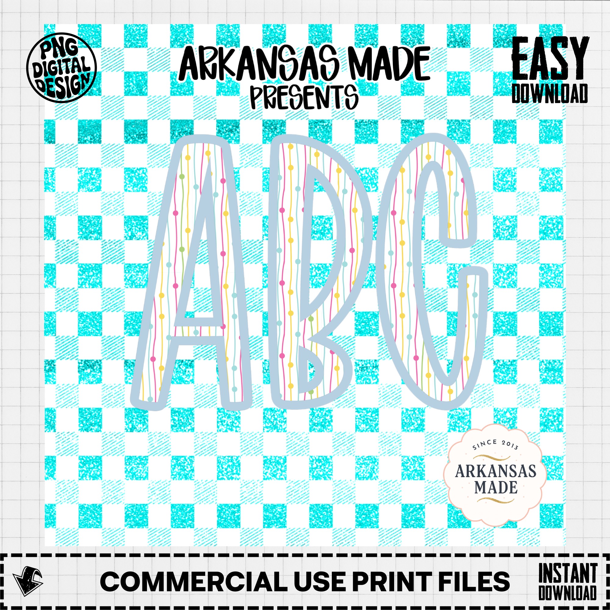 ABC Alphabet Digital Download Full A-Z Alpha, Glitter Gingham PNG, Colorful Letters Sublimation, Preschool DTF Design, Kids Nursery Art - Image 3