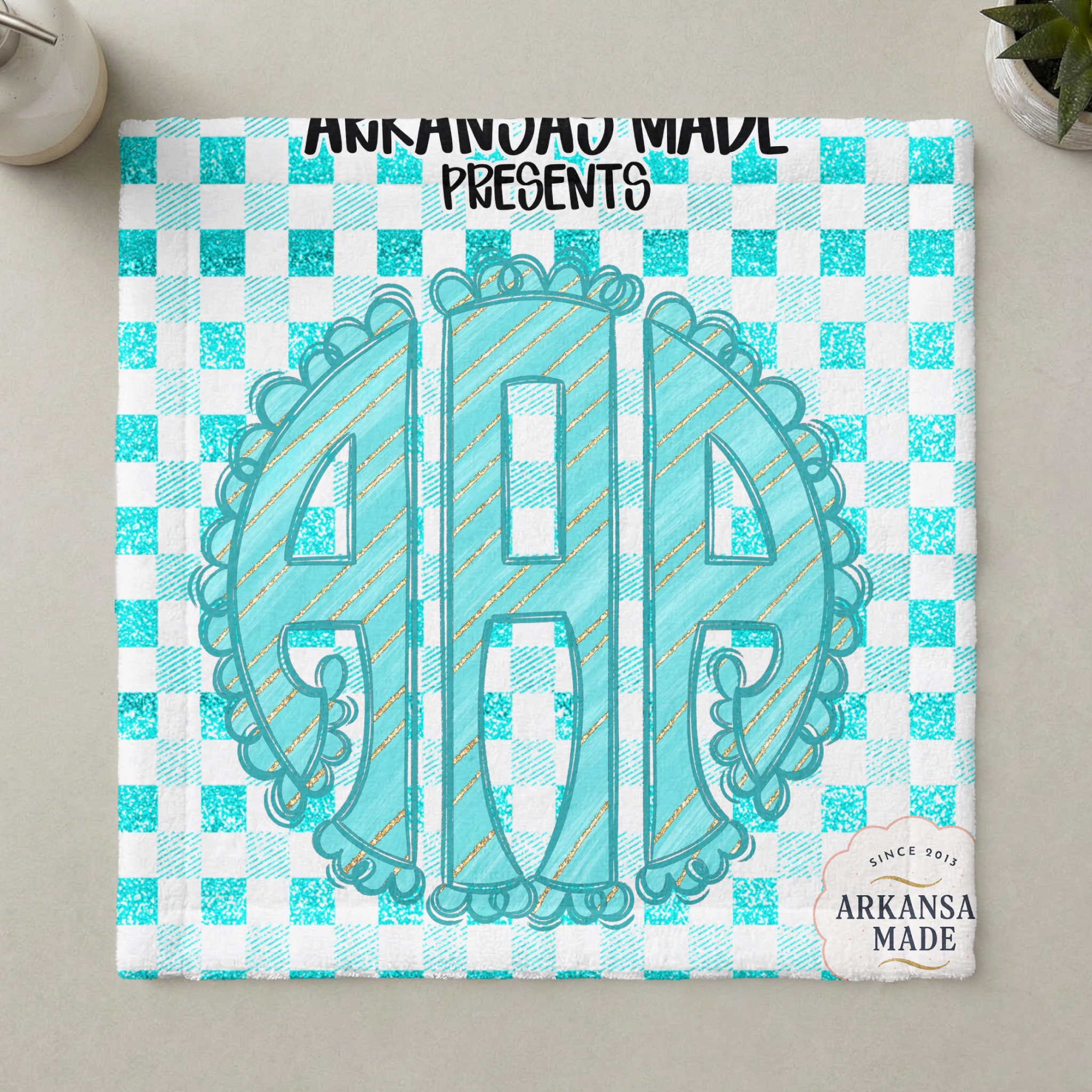 Teal Painted Glitter Scallop Monogram Sublimation PNG, DTF Digital Download, Buffalo Plaid Gingham Initial Custom Design - Image 6