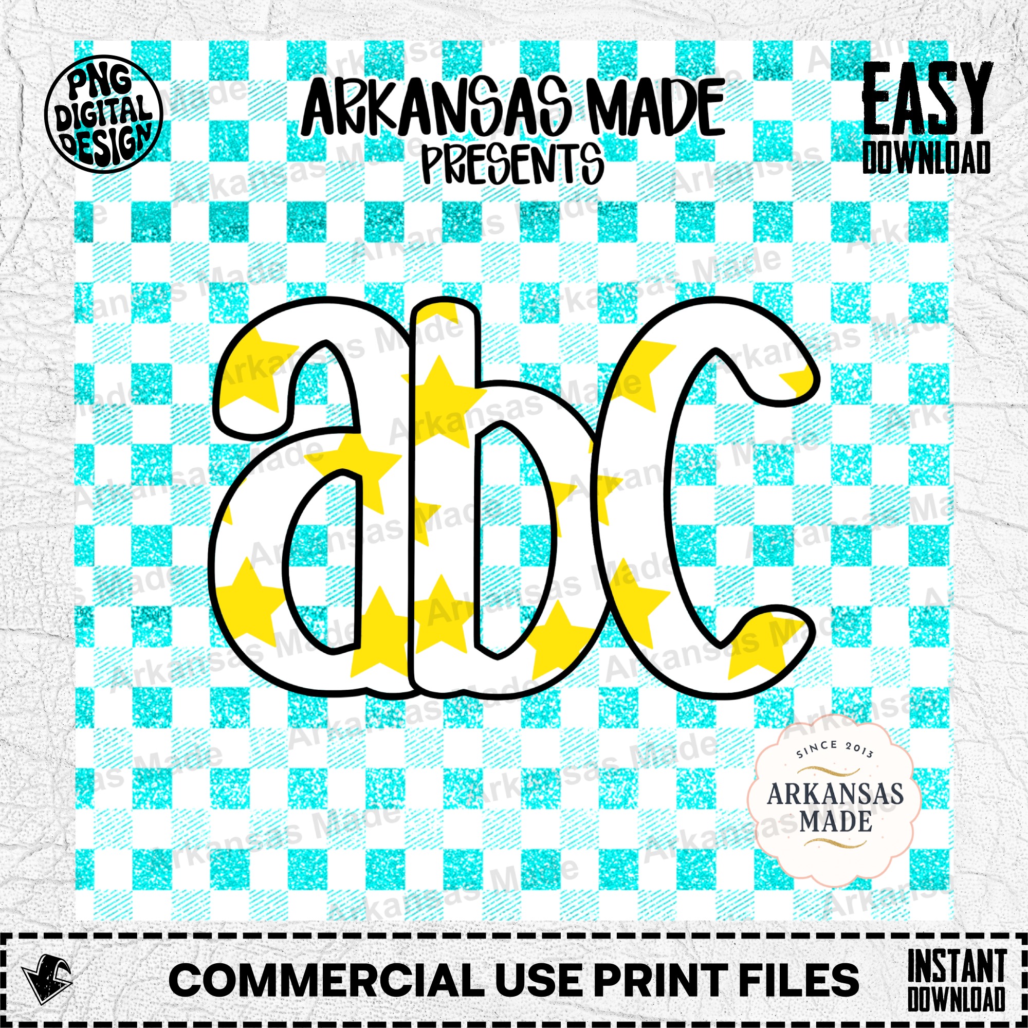 Digital Download Alpha Set | Faux Glitter Teal Gingham Star ABC Letters | Playful Teacher Clipart | Instant Download Nursery Decor