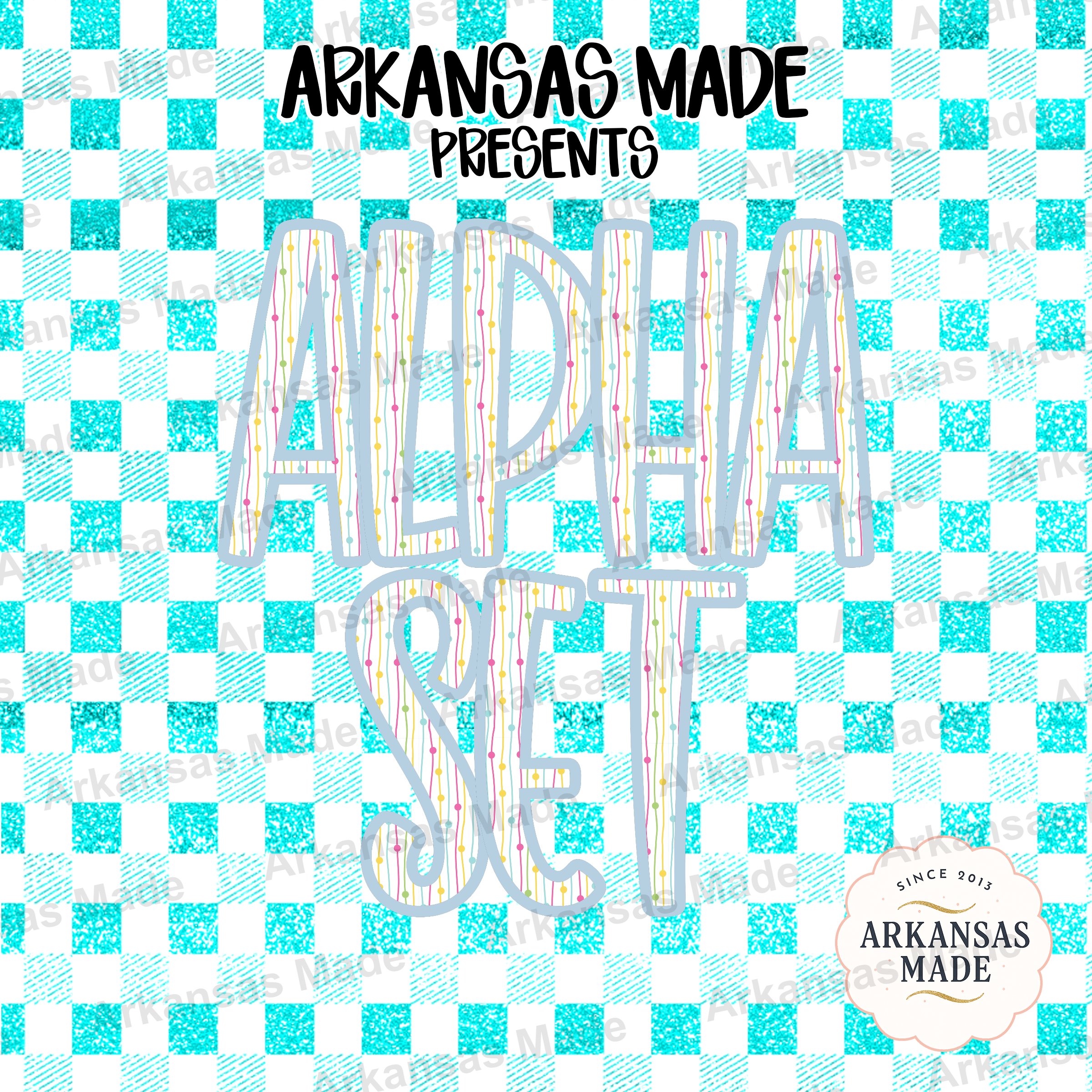 Digital Alphabet Set Aqua Gingham Alpha Download, Faux Glitter Dotted Line Letters PNG, Playful Sublimation Font Design - Image 4