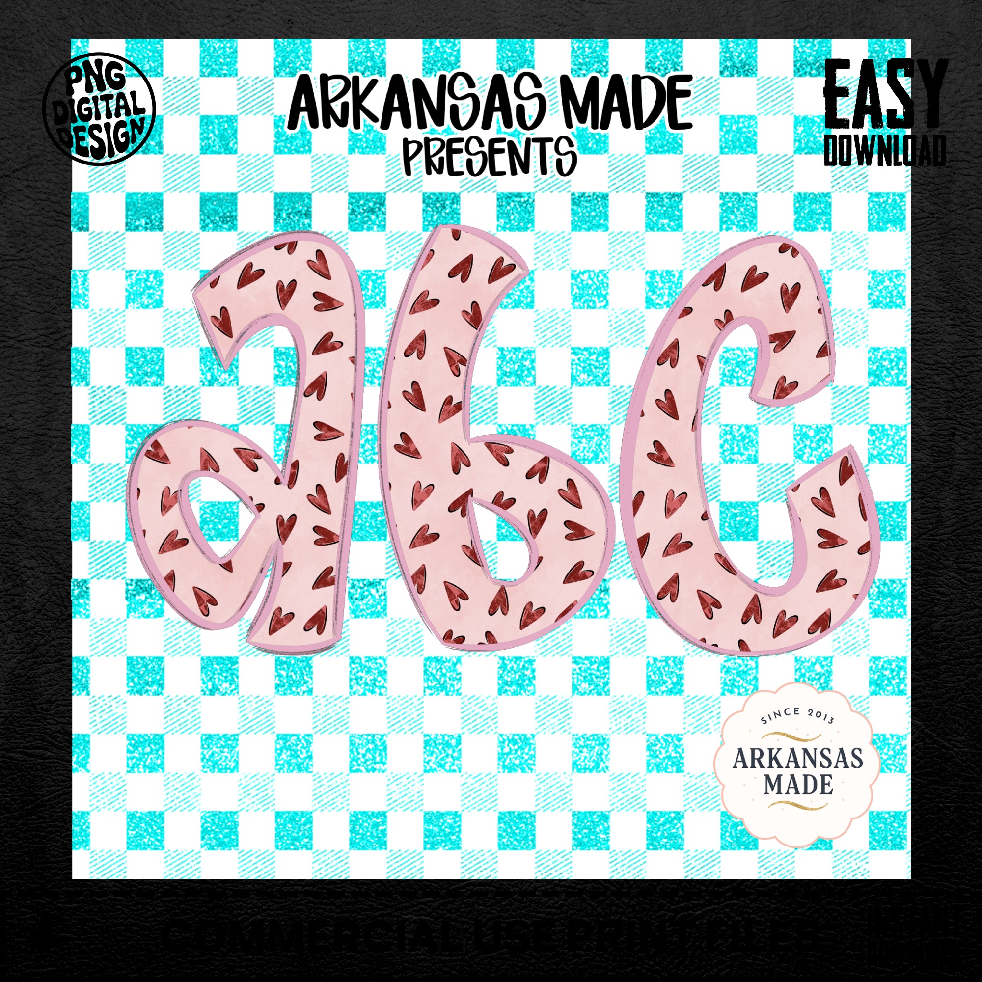 Pink Hearts Aqua Checkered Digital Alphabet PNGs, Full A-Z Alpha Letters, Sublimation DTF Digital Download for Crafts, Valentines, Cute Font - Image 5