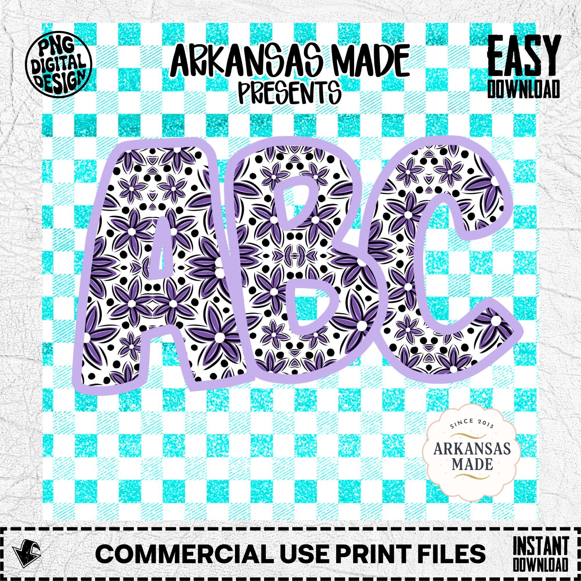 Purple Floral Mandala Alphabet Letters, Digital Download Full A-Z Alpha Set, Aqua Buffalo Plaid Sublimation DTF PNGs, ABC Font - Image 2