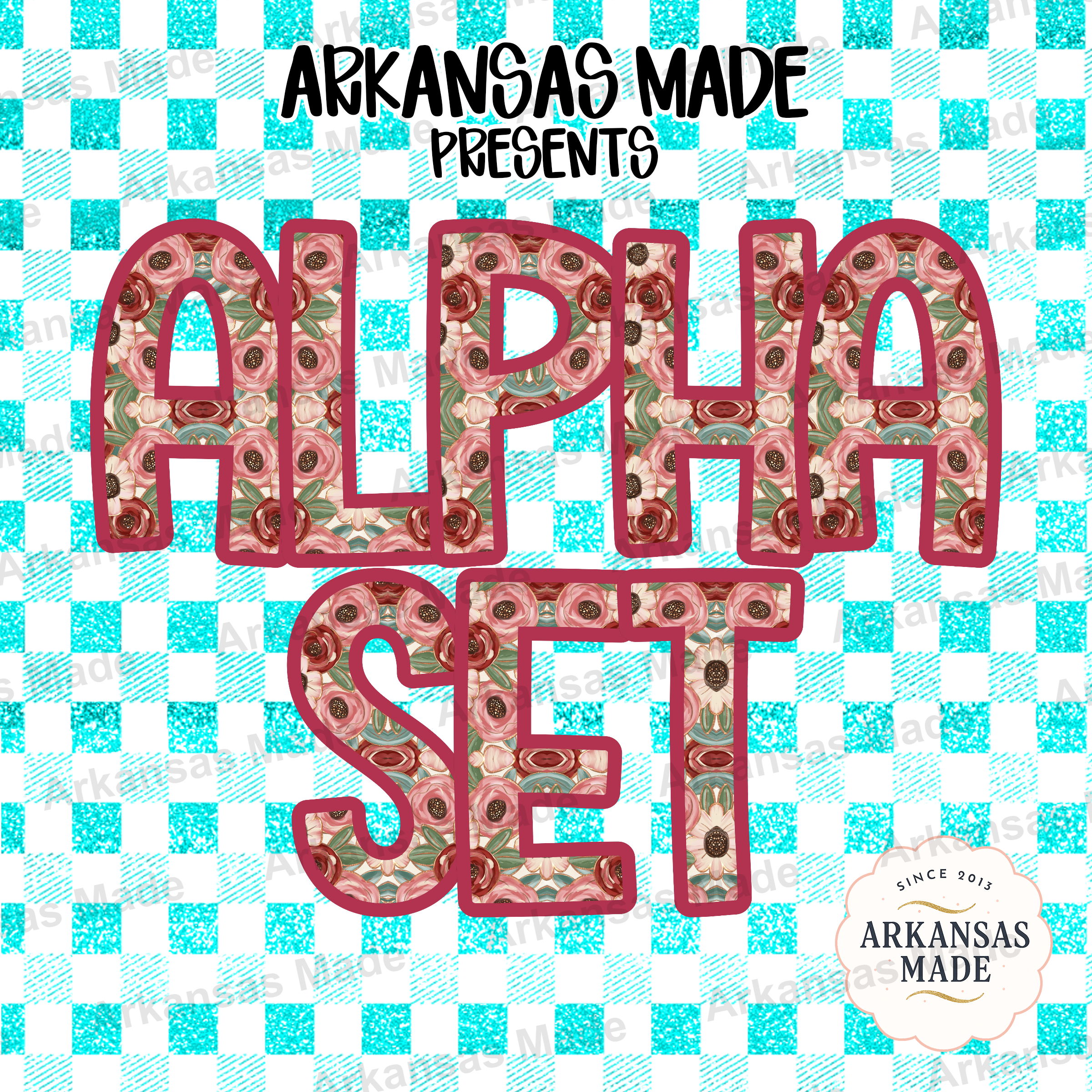 Floral Alpha Set Digital Download PNG | Pink Rose Faux Glitter Letters | Teal Buffalo Plaid Font Clipart | Sublimation Alphabet - Image 4