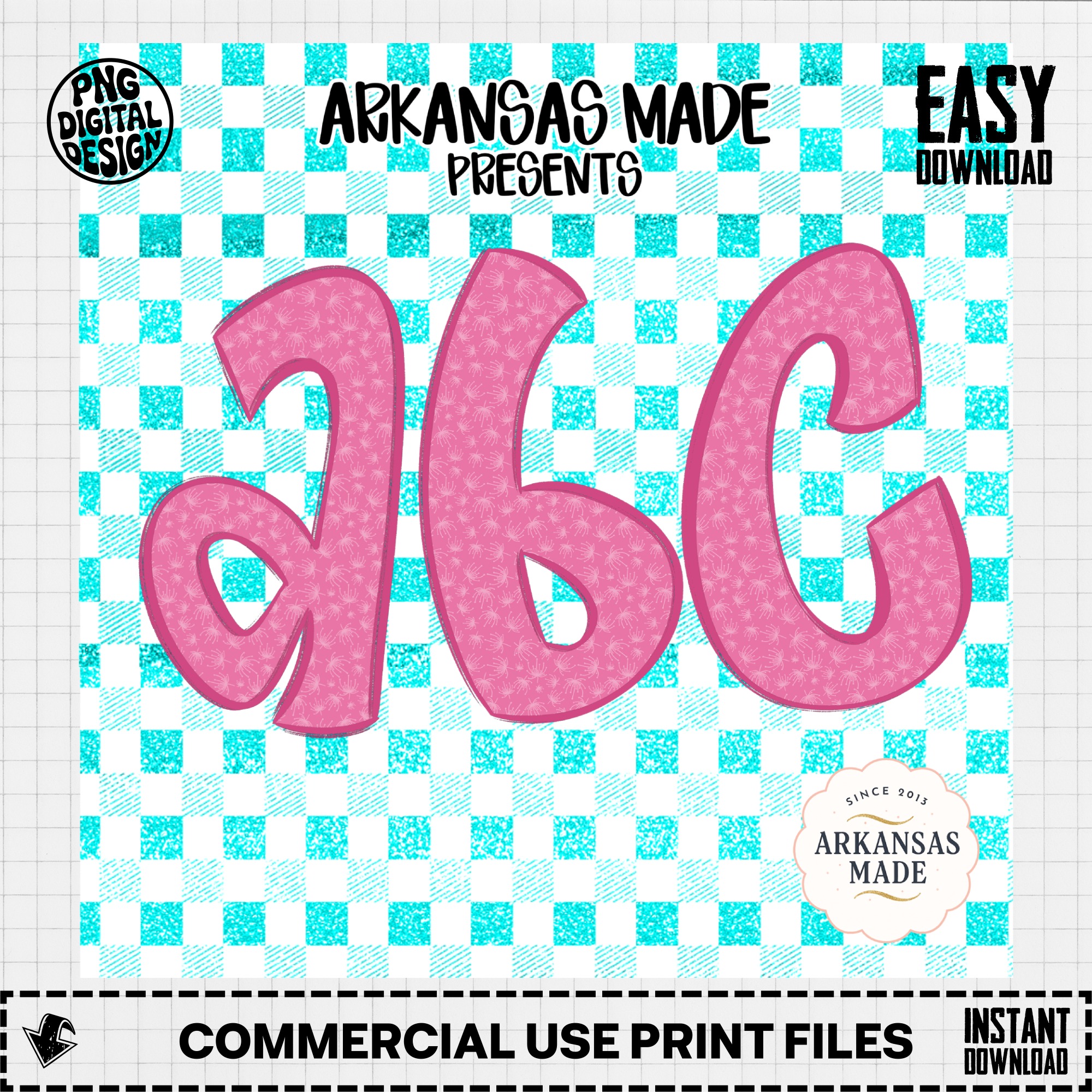 Pink Floral Glitter Alphabet, Teal Gingham Checkered A-Z, Digital Download, Sublimation DTF PNGs, Full Letter Set, Cute ABC Design - Image 3