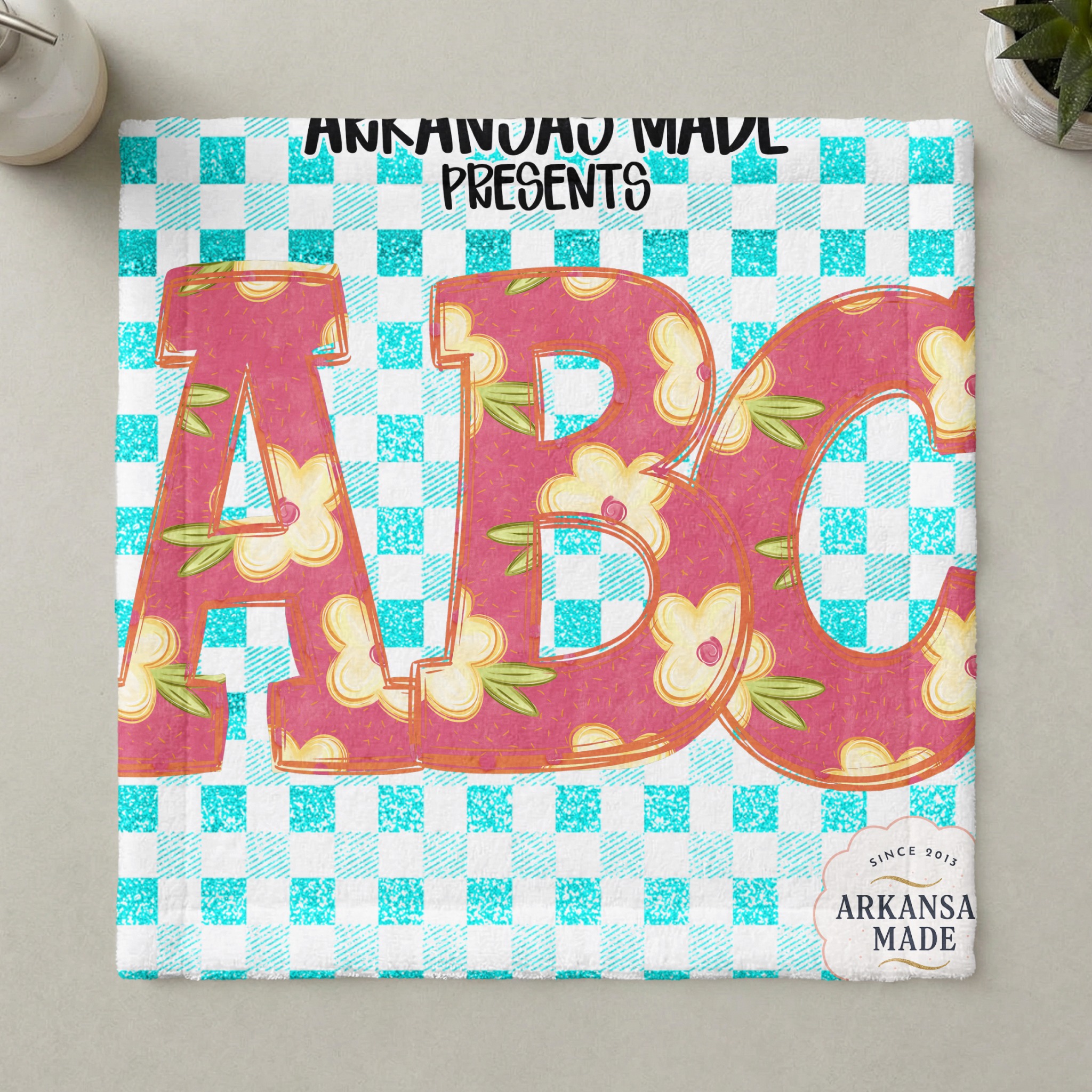 Floral Alphabet Digital Download, Full A-Z Alpha Sublimation DTF PNGs, Pink Floral Letters, Turquoise Gingham Plaid, Cute ABC Pack, Instant - Image 6