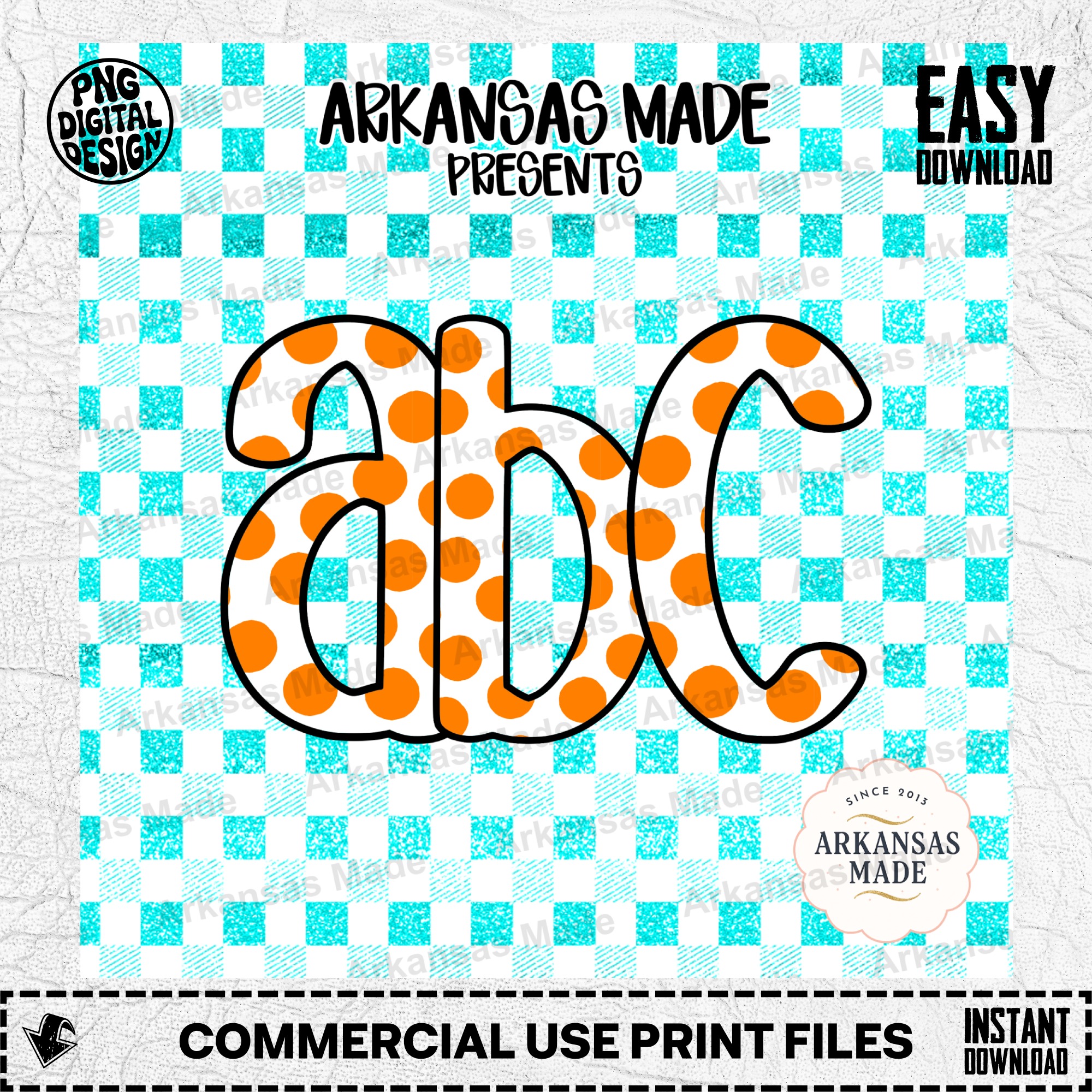 ABC Alphabet Letters Digital Download Alpha Set, Orange Polka Dot Teal Glitter Gingham Craft PNG Bundle