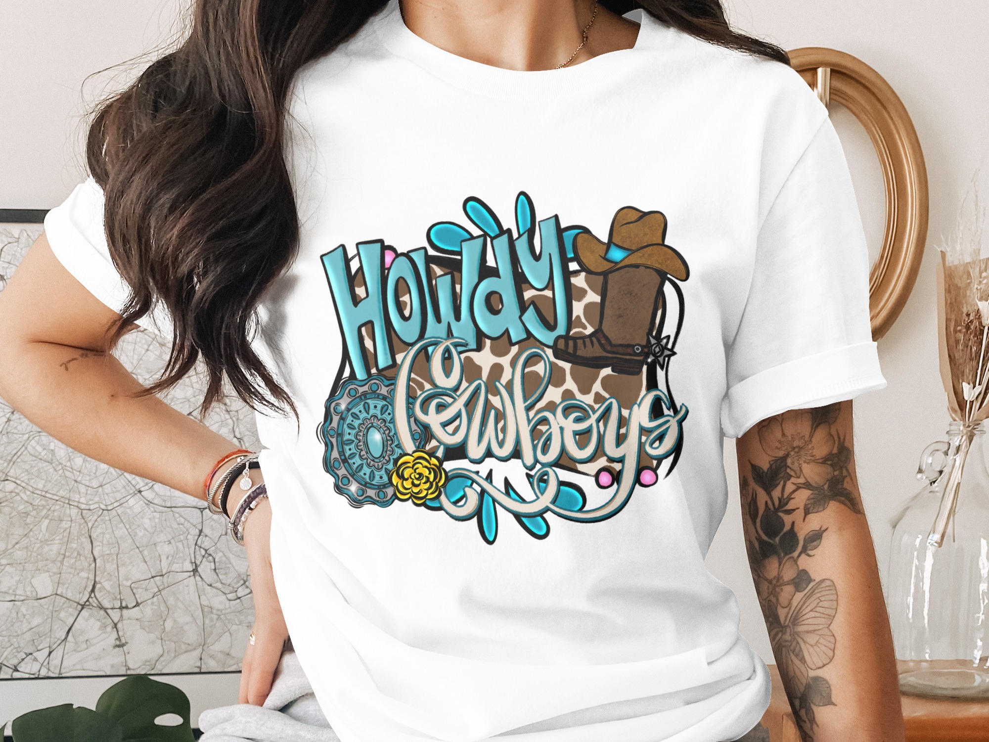 Howdy Cowboys PNG, Western Sublimation Design, Digital Download, Cowboy Boots Hat, Cow Print Rodeo DTF, Country Girl Graphic Art