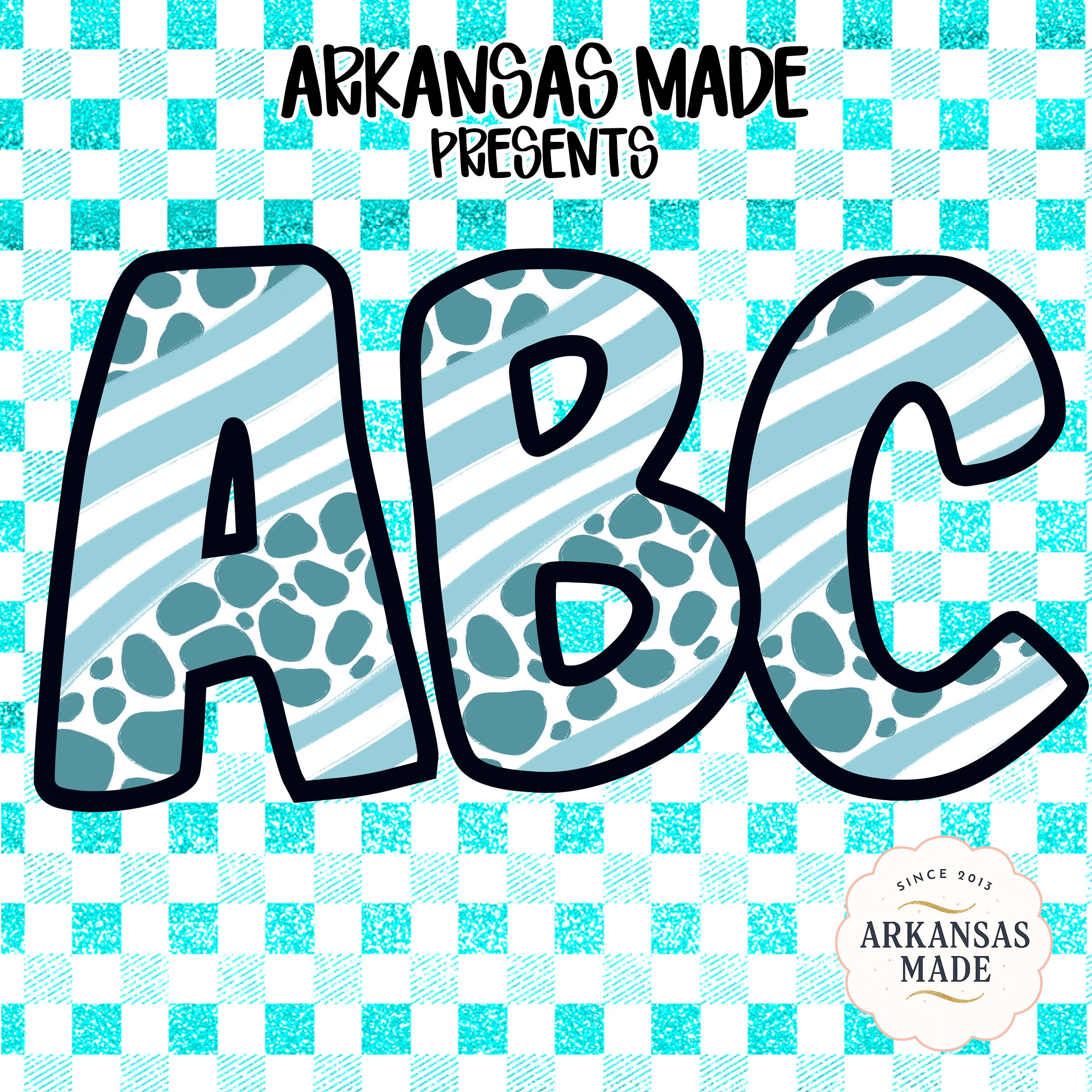 Digital Download Full A-Z Alpha Sublimation DTF PNGs, Teal Gingham Alphabet, Buffalo Plaid, Aqua Stripes and Spots ABC