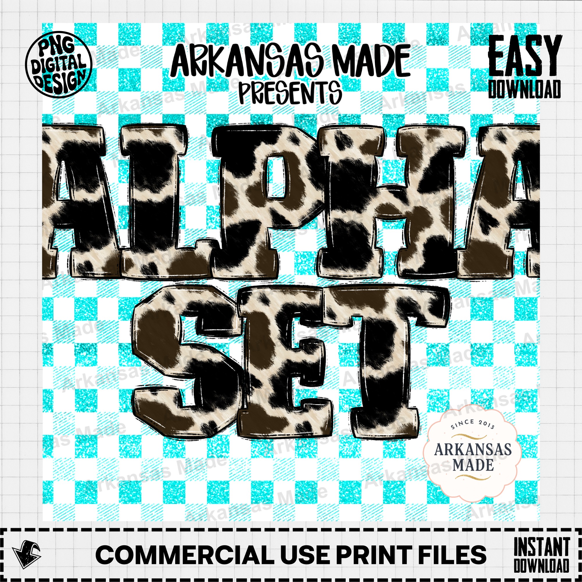 Cow Print Alpha Set Digital Download, Turquoise Glitter Plaid Letters PNG, Western Farmhouse Font, Sublimation Bundle, Craft Letters - Image 2