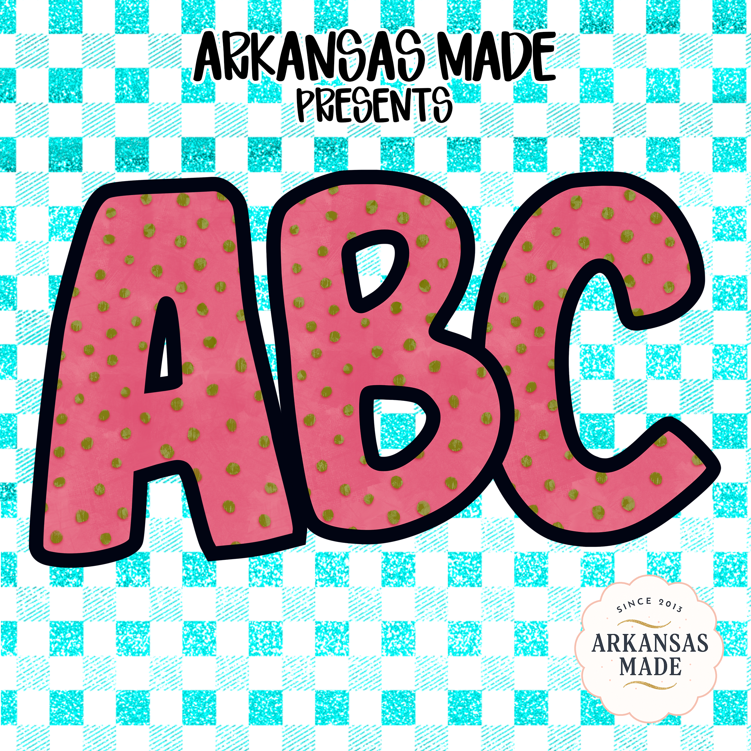Pink Polka Dot ABC Alphabet, Teal Gingham Background, Digital, Digital Download Full A-Z Alpha, Sublimation DTF PNGs, Nursery Letters