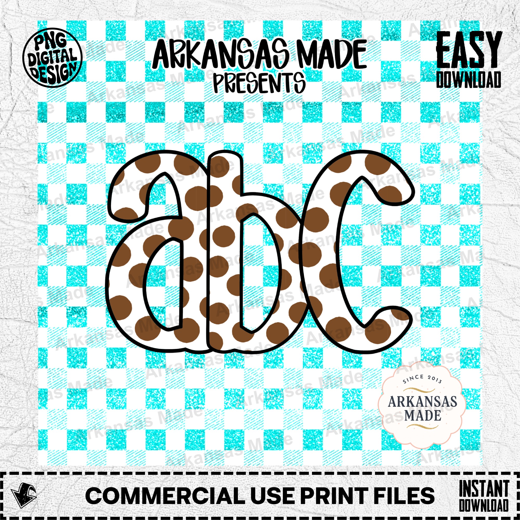 Brown Polka Dot Alphabet PNG Digital Download Alpha Set - Teal Gingham Faux Glitter Letters Numbers Clipart