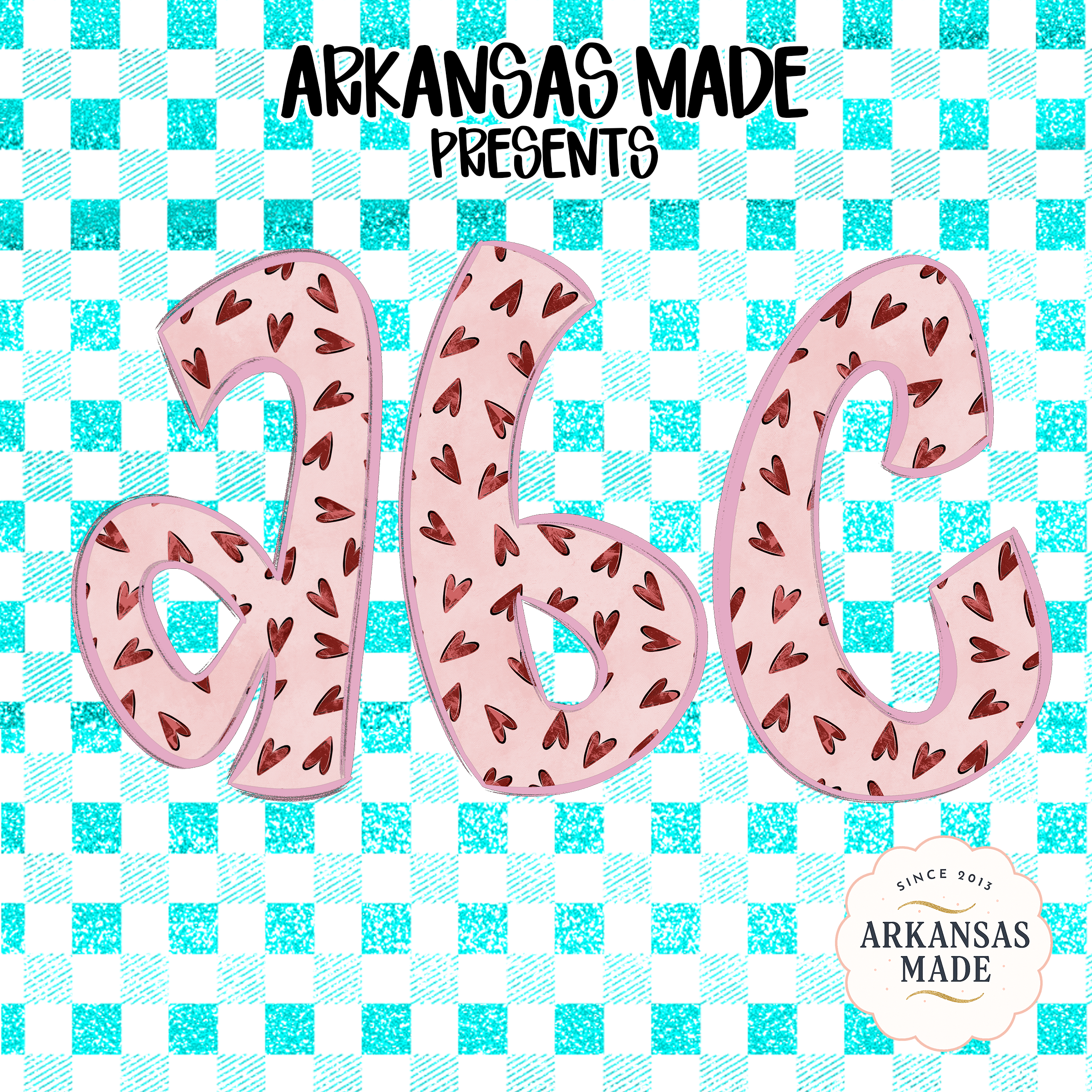 Pink Hearts Aqua Checkered Digital Alphabet PNGs, Full A-Z Alpha Letters, Sublimation DTF Digital Download for Crafts, Valentines, Cute Font