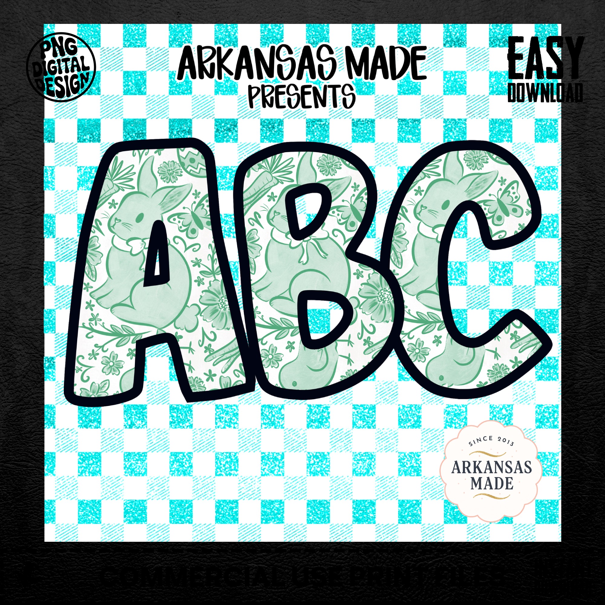 Teal Gingham Bunny ABC Alphabet, Easter Rabbit Full A-Z Digital Download, Sublimation DTF PNGs, Mint Spring Letters Pack - Image 5