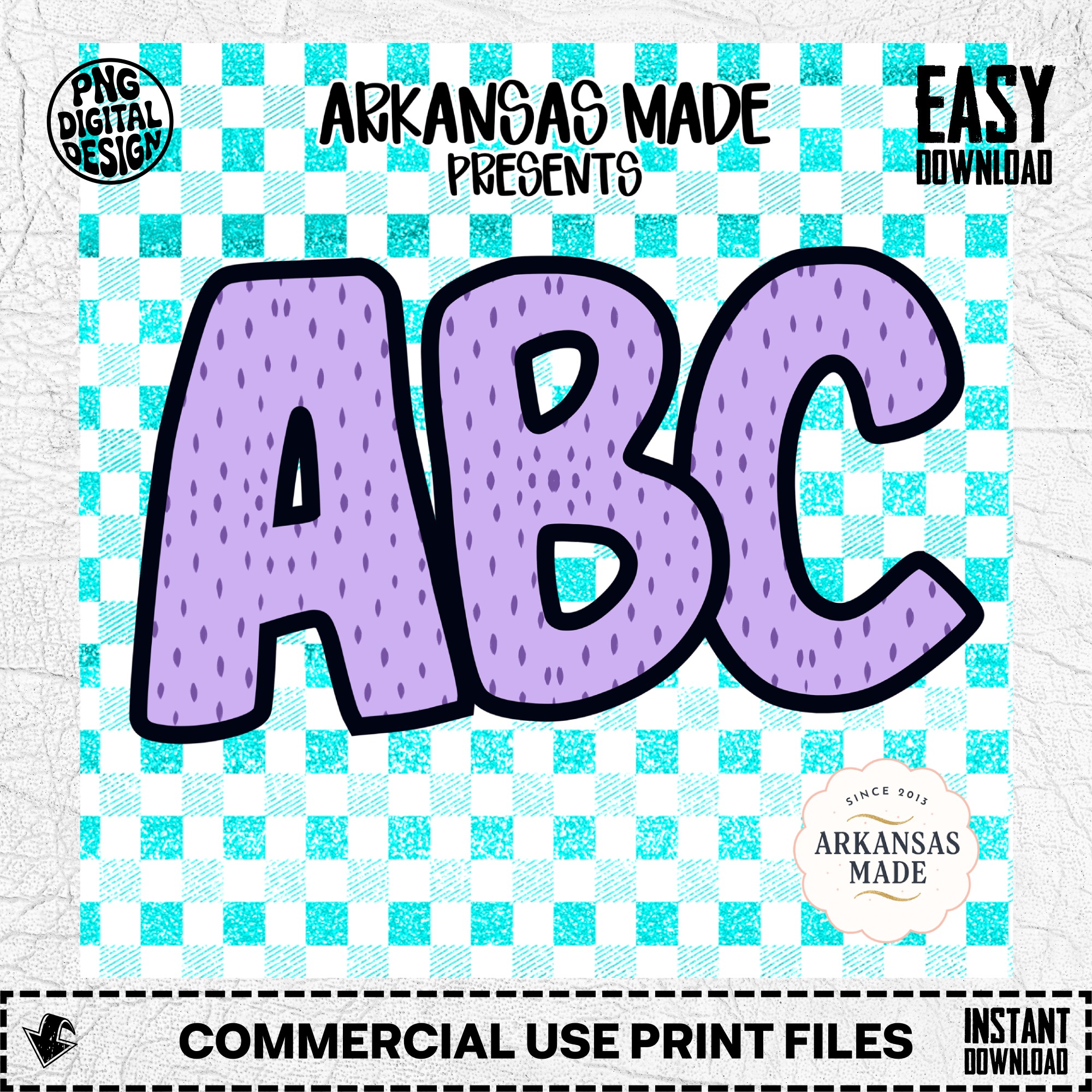 Purple Speckled ABC Alphabet, Full A-Z Alpha Set, Glitter Teal Checkered Background, Digital, Sublimation DTF PNGs Download - Image 2
