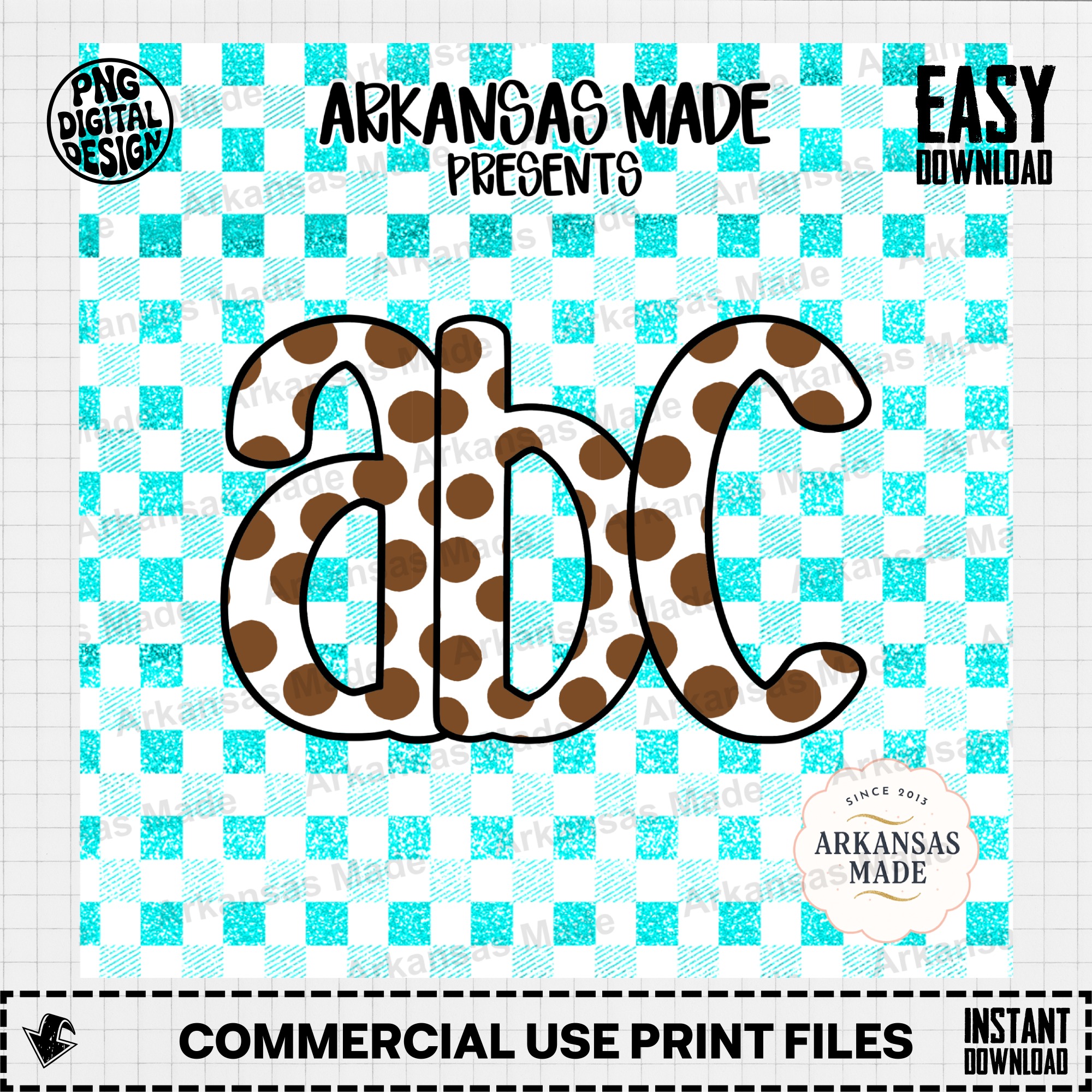 Brown Polka Dot Alphabet PNG Digital Download Alpha Set - Teal Gingham Faux Glitter Letters Numbers Clipart - Image 2