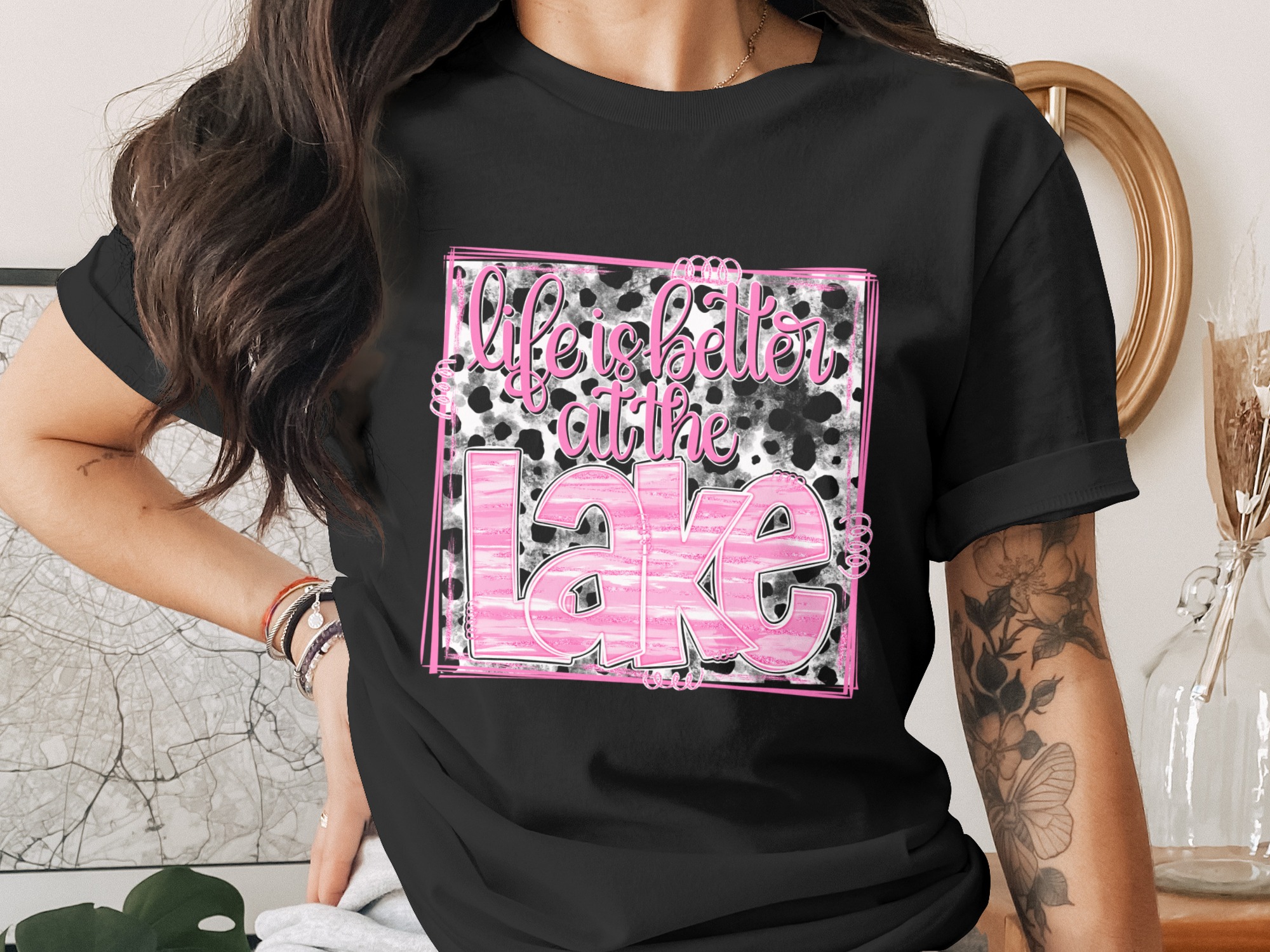 Life is Better at the Lake PNG, Pink Glitter Sublimation, Cow Print DTF Design, Lake Life Quote Digital Download, Summer Vacation Graphic - Image 2