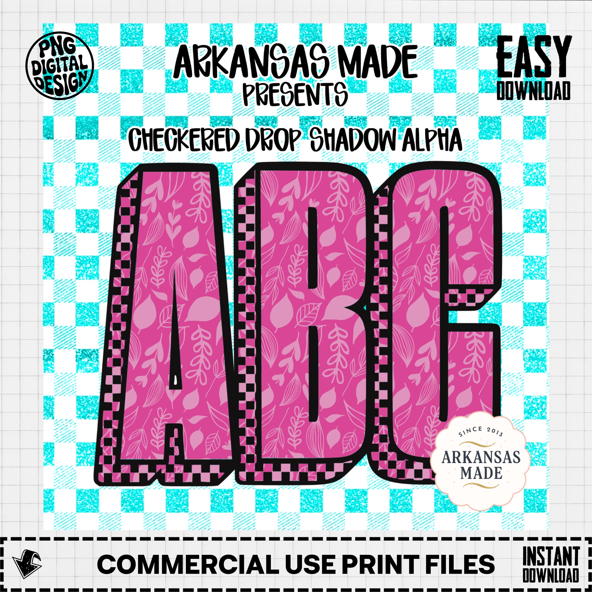 Digital Alpha Set Pink Floral Checkered Letters PNG | Teal Glitter Drop Shadow Alphabet Bundle | Y2K Retro Font Sublimation Crafts - Image 2
