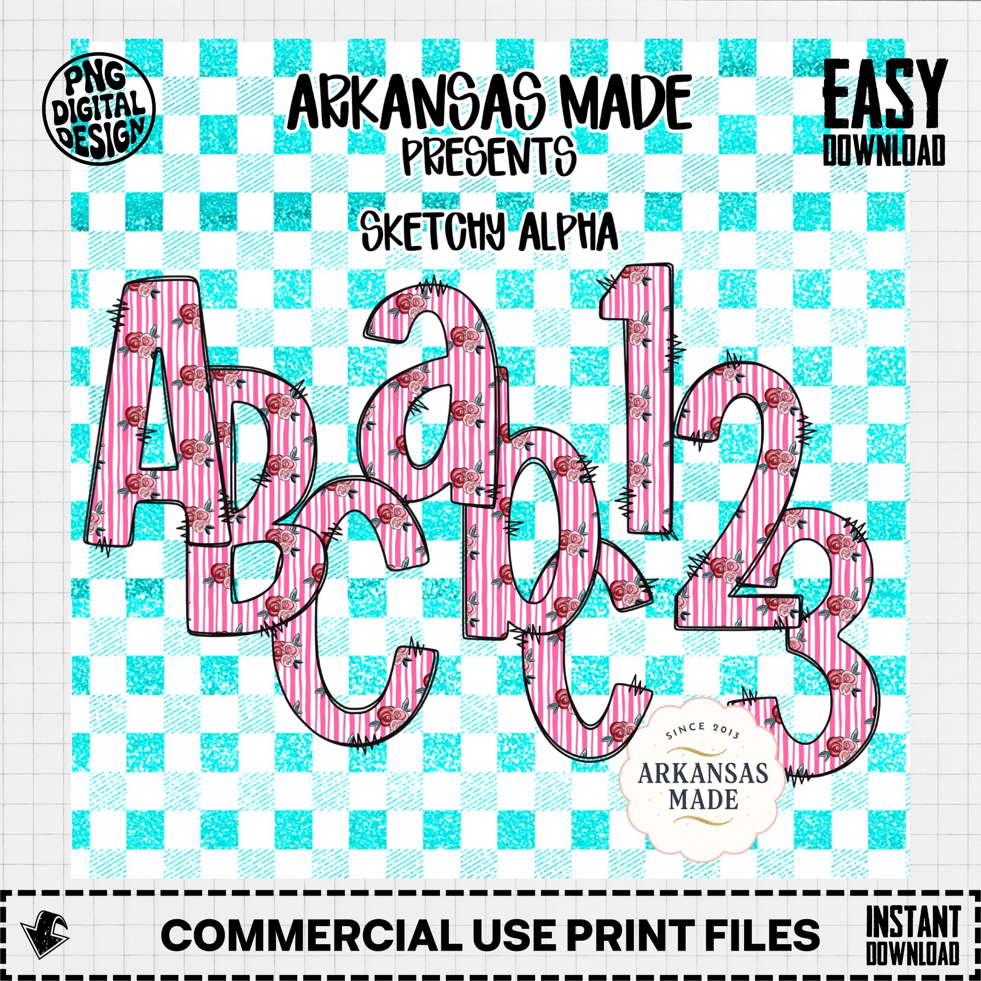 Sketchy Alpha Digital Download Set Pink Floral Stripes | PNG Letters & Numbers | Turquoise Gingham Sublimation Craft Font - Image 2