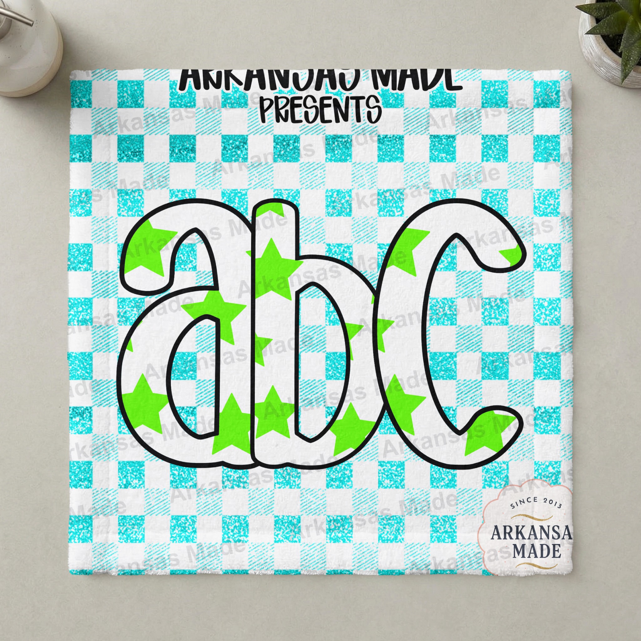 Digital Download Alpha Set, Neon Green Star Letters, Aqua Glitter Gingham Alphabet PNG, Kids Party Decor, Crafting Font, Sublimation - Image 3