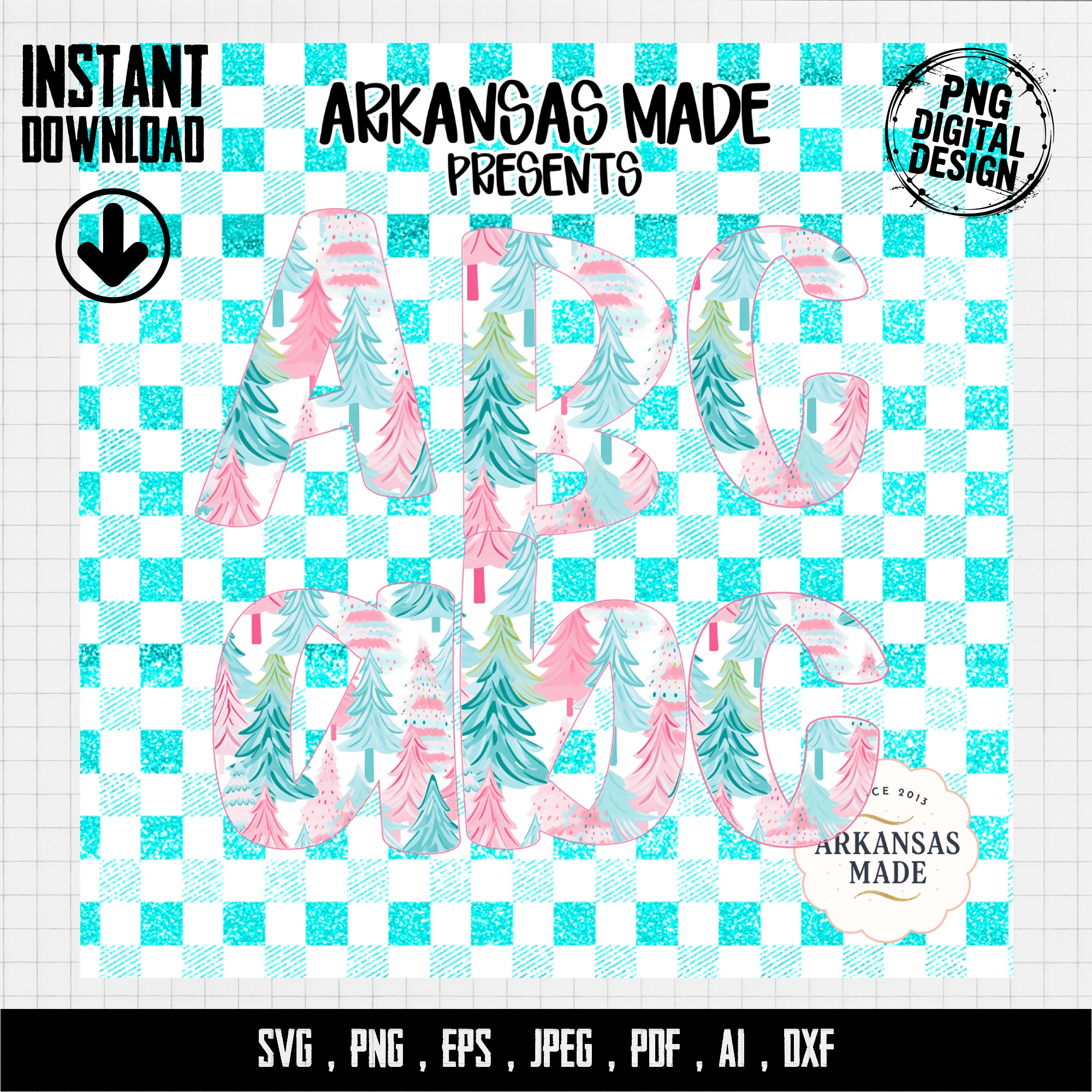 Digital, Digital Download Full A-Z Alpha, Sublimation DTF PNGs, Pastel Christmas Trees Alphabet, Winter Teal Pink Plaid Glitter Letters - Image 4