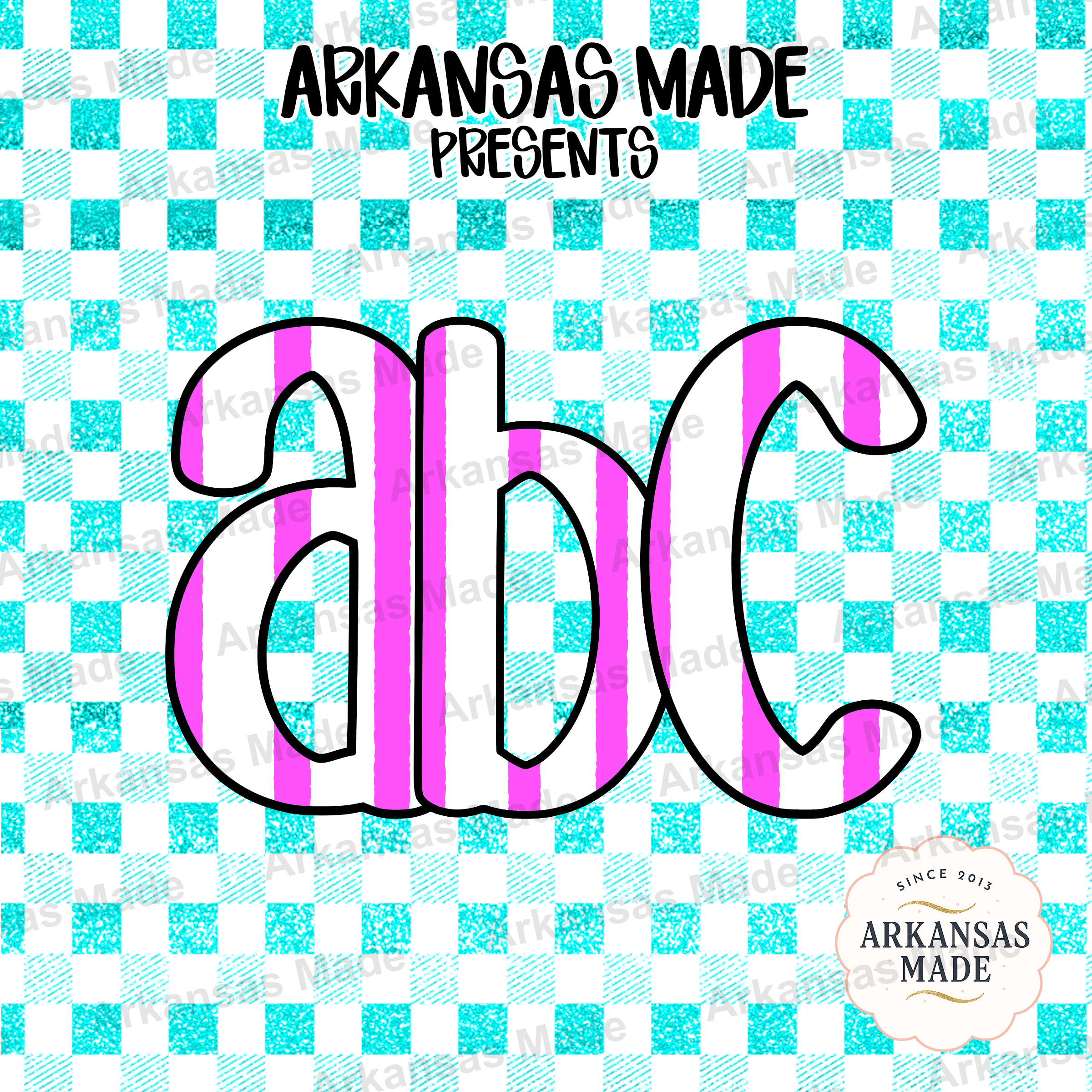 Preppy Pink Teal Gingham Glitter Alphabet Digital Download Alpha Set - Striped Bubble Letters PNG - Trendy ABC Font Craft Supply - Image 4