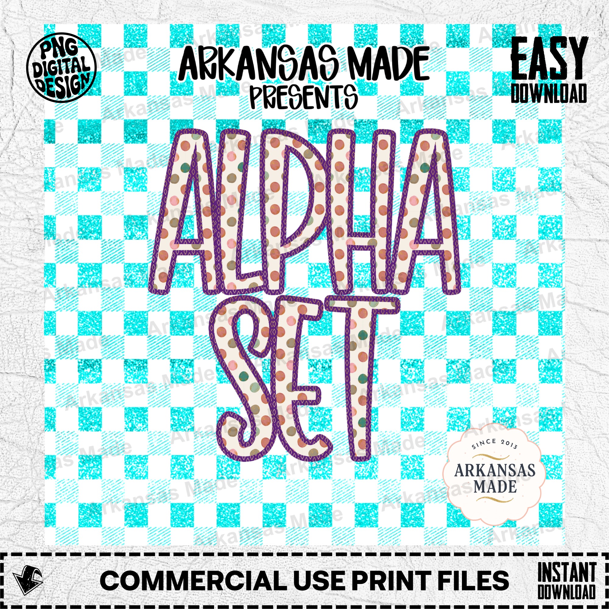 Polka Dot Alpha Set Digital Download, Faux Gold Glitter Letter Font, Teal Buffalo Plaid PNG for Sublimation, Crafter Alpha Pack, Instant