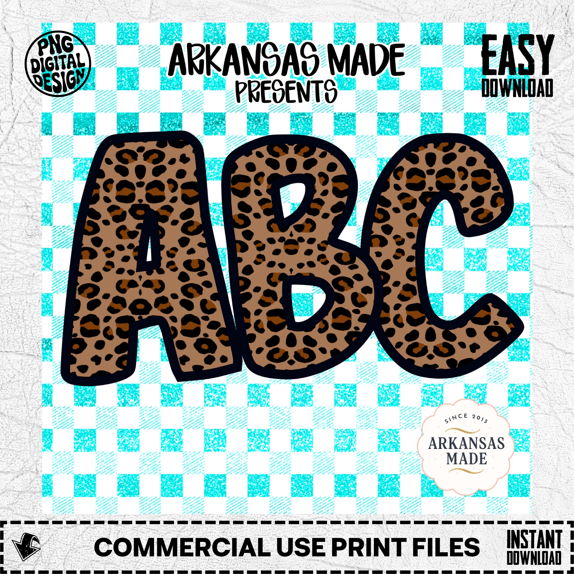 Digital Leopard Print ABC Alphabet PNGs, Full A-Z Alpha Sublimation DTF Download, Teal Gingham Glitter Letters, Wild Animal Print - Image 2