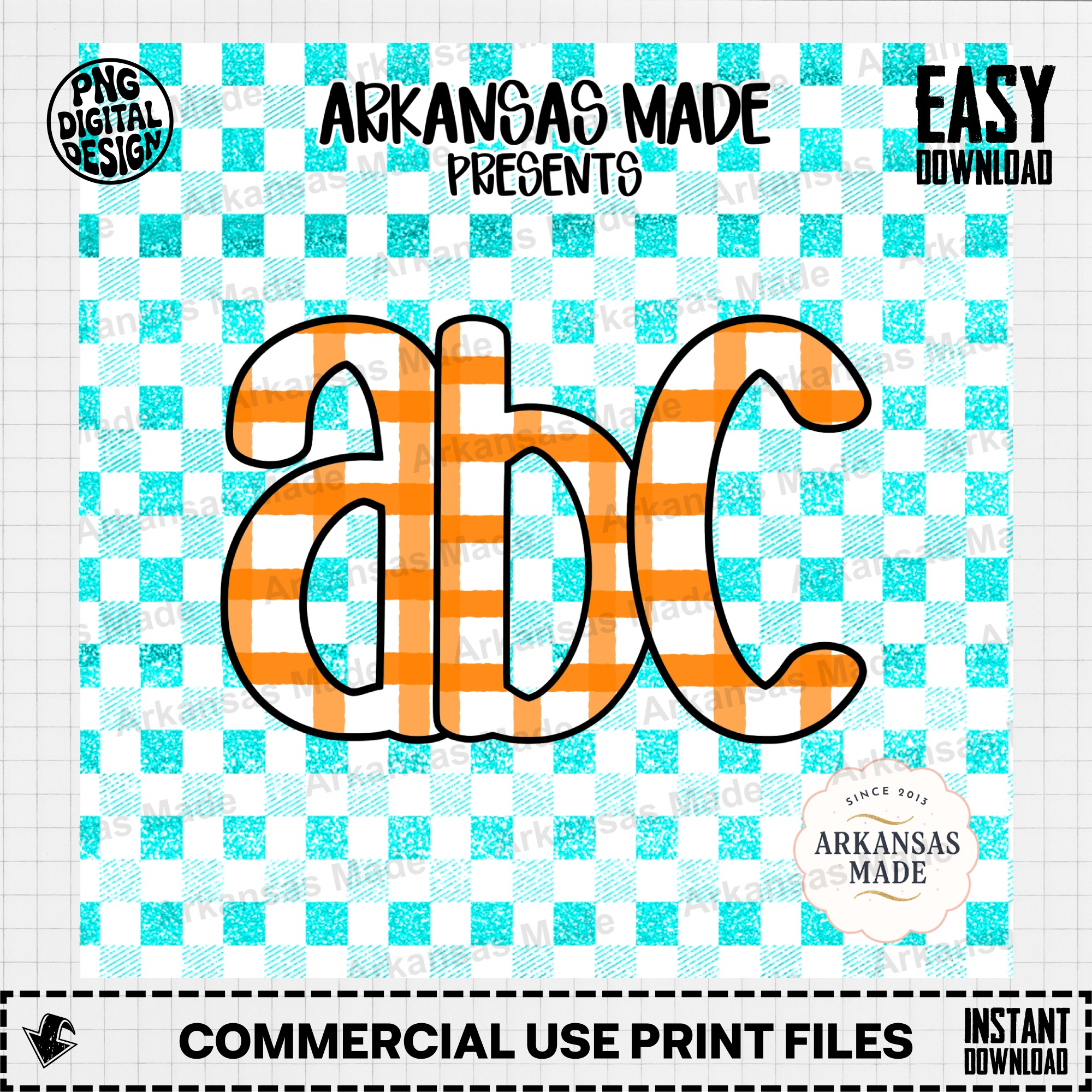 ABC Orange Gingham Digital Download Alpha Set, Turquoise Faux Glitter Letters, Back to School Teacher Classroom Decor PNG - Image 2