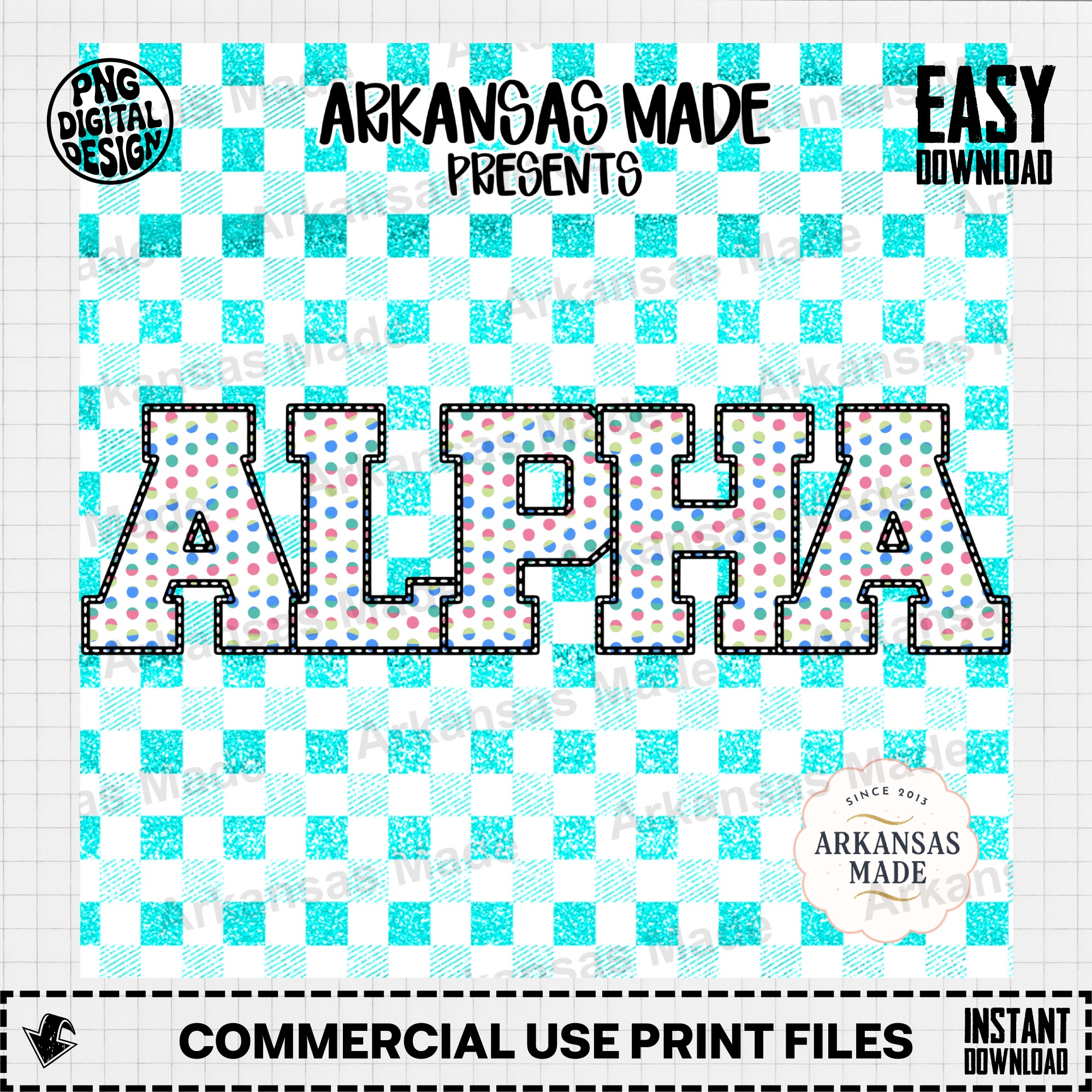 Polka Dot Chenille Alpha Digital Download Set with Teal Glitter Plaid Background - Sorority Letters PNG Bundle for DIY Crafts & Apparel - Image 2