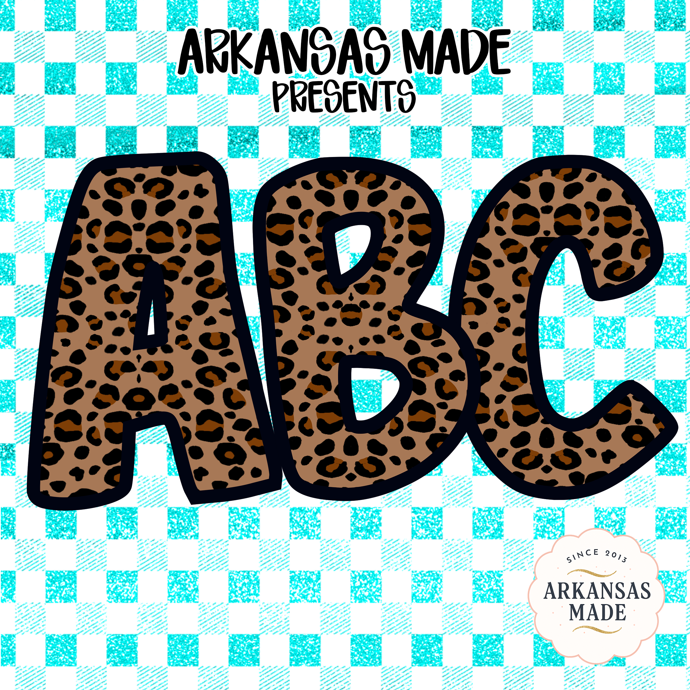 Digital Leopard Print ABC Alphabet PNGs, Full A-Z Alpha Sublimation DTF Download, Teal Gingham Glitter Letters, Wild Animal Print