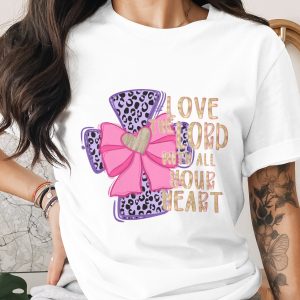 Christian Cross PNG, Love The Lord With All Your Heart, Leopard Pink Bow Gold Glitter, Bible Verse Sublimation DTF Digital Download