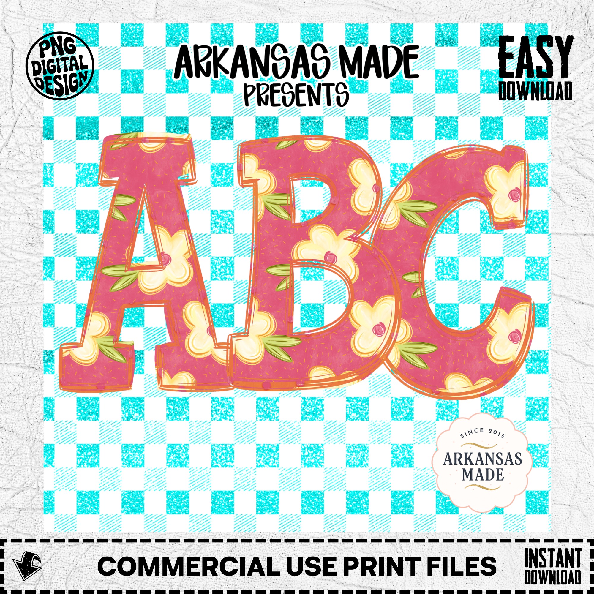 Floral Alphabet Digital Download, Full A-Z Alpha Sublimation DTF PNGs, Pink Floral Letters, Turquoise Gingham Plaid, Cute ABC Pack, Instant - Image 2